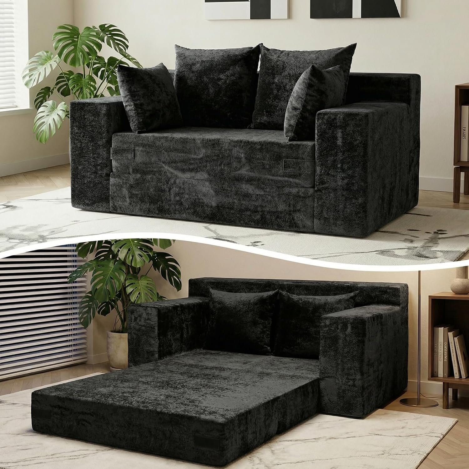 Boneless Loveseat Sleeper Sofa Bed, 3-in-1 Convertible Sofa Bed and Floor Futon Couch (Velvet-Black, Loveseat (55))