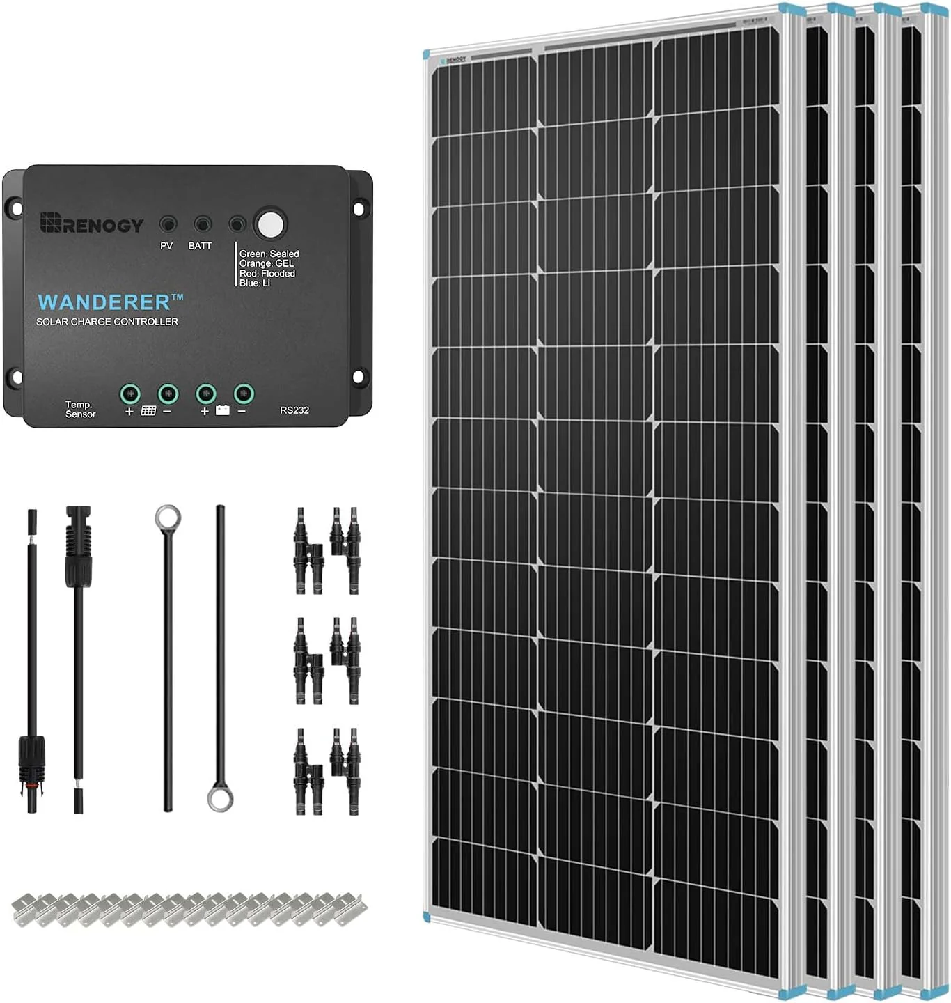 400 Watt 12 Volt Premium 4 Pcs 100W Panel+40A MPPT Charge Controller+ Bluetooth Module Fuse+ Mounting Z Brackets+Adaptor Kit +Tray Cables Set, 400W, Grid 12V Solar Power System(Cables+Mounts+Fuse+Cable Entry+Bluetooth Monitoring/400W Panel+MPPT 40A C