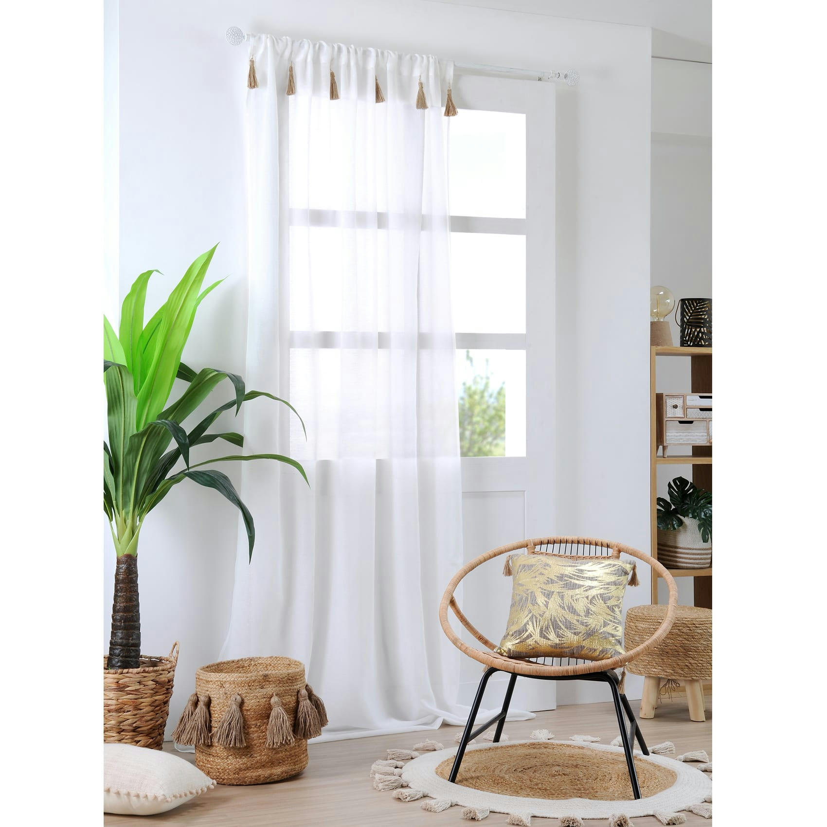 IBIZA - Voilage bohème à pompons en jute polyester écru 260x140cm