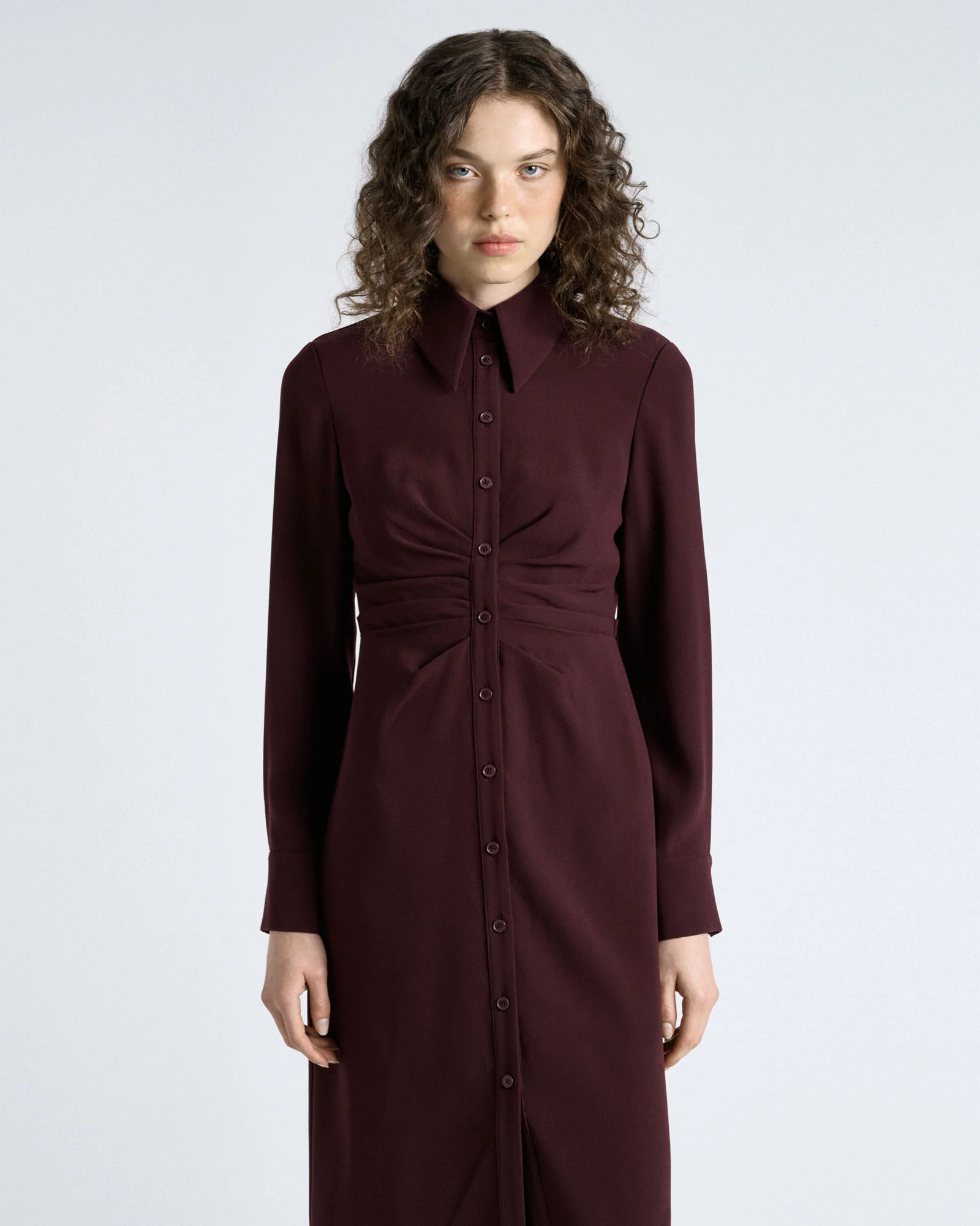 Dark Plum Crepe Ruched Shirt Dress