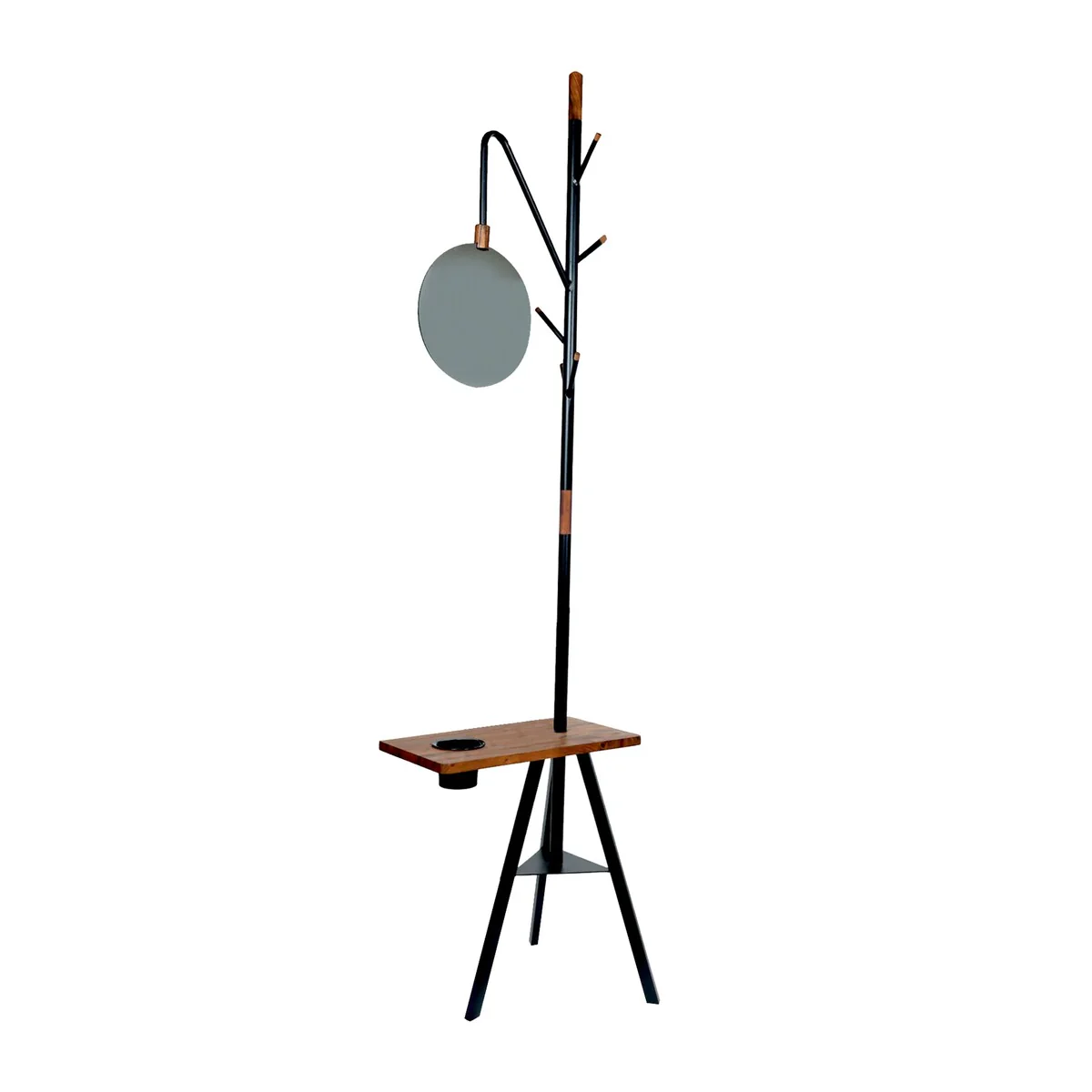 84 Inch Metal Coat Rack, Built In Mirror and Acacia Wood Accessory Table, Brown, Black