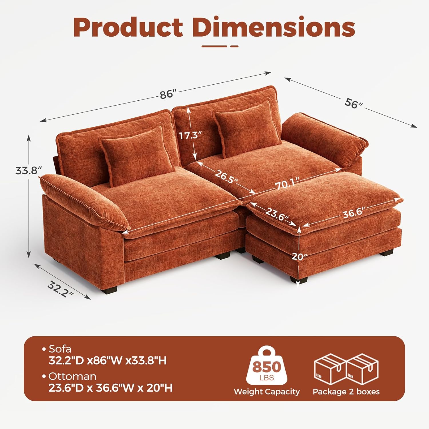 CDCASA 86 Modular Sectional Sofa, Comfy L-Shaped Cloud Couch with Movable Ottoman, 3-Seater Chenille Deep Seat Modern Sofa Couch for Living Room, Terracotta Orange