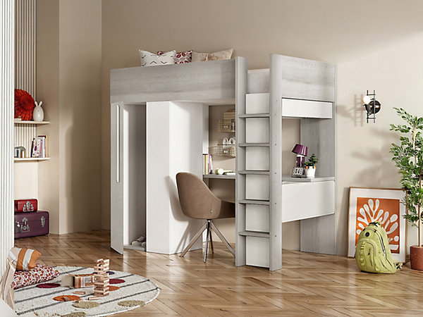 Lit mezzanine 90 x 200 cm avec armoire et bureau - Naturel grisé et blanc - NICOLAS