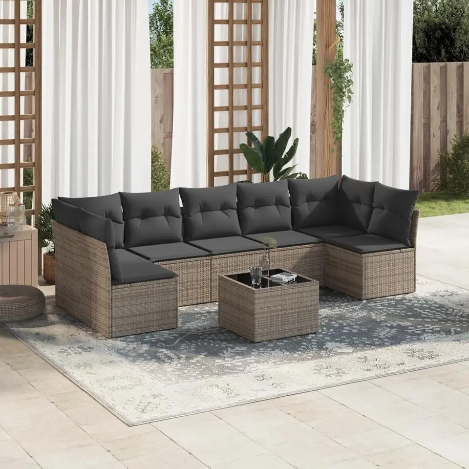 vidaXL Loungeset met kussens en tuintafel - 7 personen - Grijs - Poly Rattan