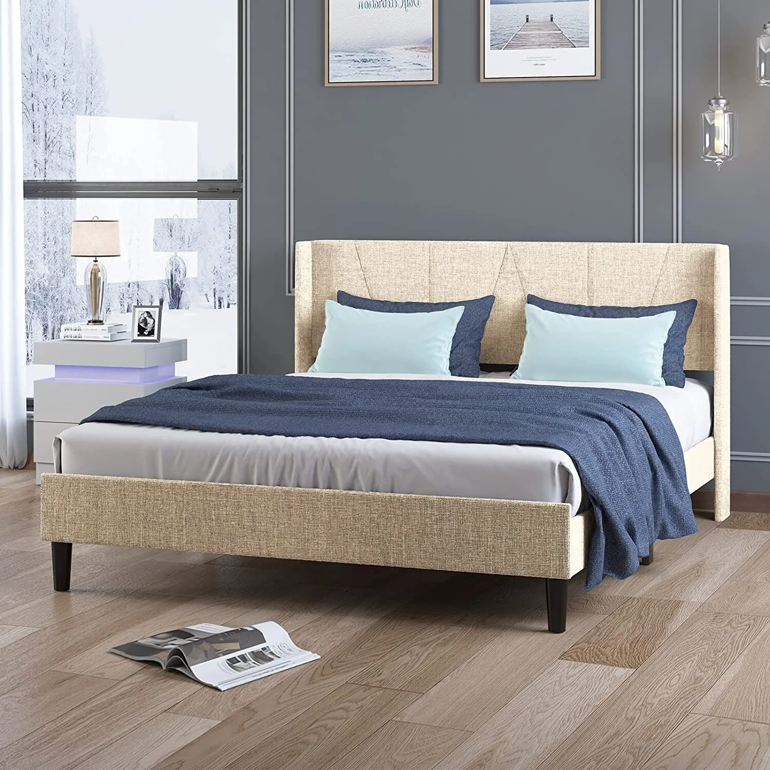 Upholstered Wingback Platform Bed Frame with Modern Headboard,Wood Slat Support,No Box Spring Needed