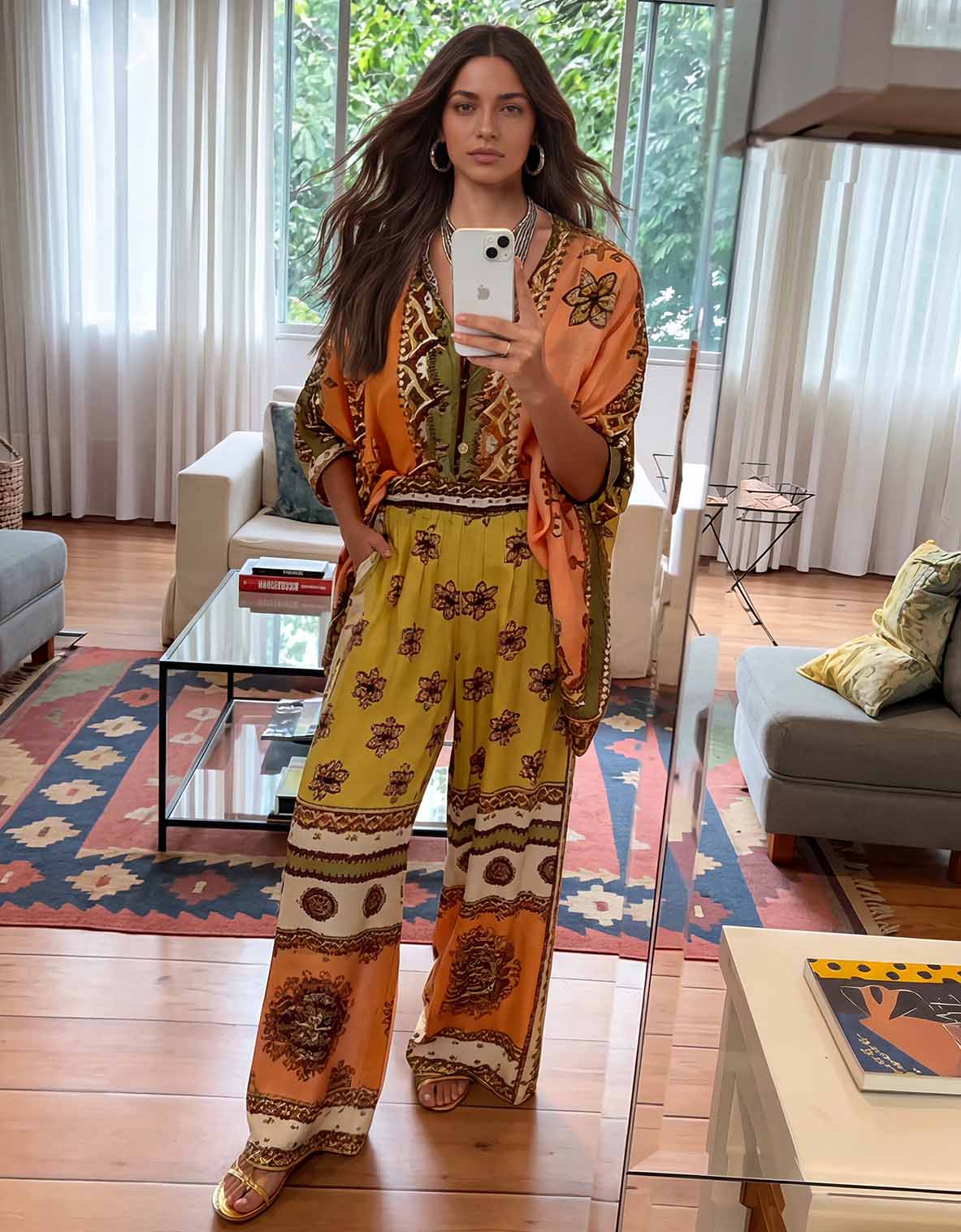 Unique Satin Paisley Print Batwing Sleeve Shirt & Trousers Two-piece Set