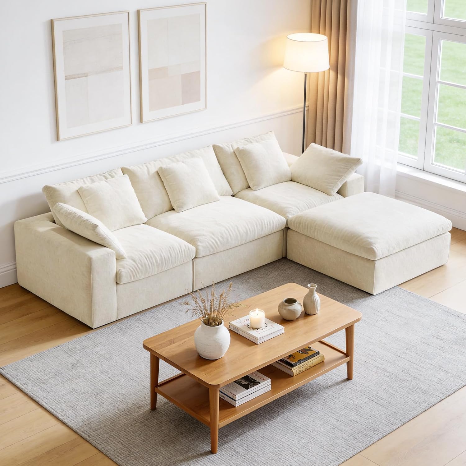 120 L-Shaped Boneless Cloud Couch, Modular Sectional Sofa with Ottoman and Extra-Wide Armrests, Deep Seat Sectional Couches for Living Room, 35D High-Density Foam, No Assembly Required, Beige
