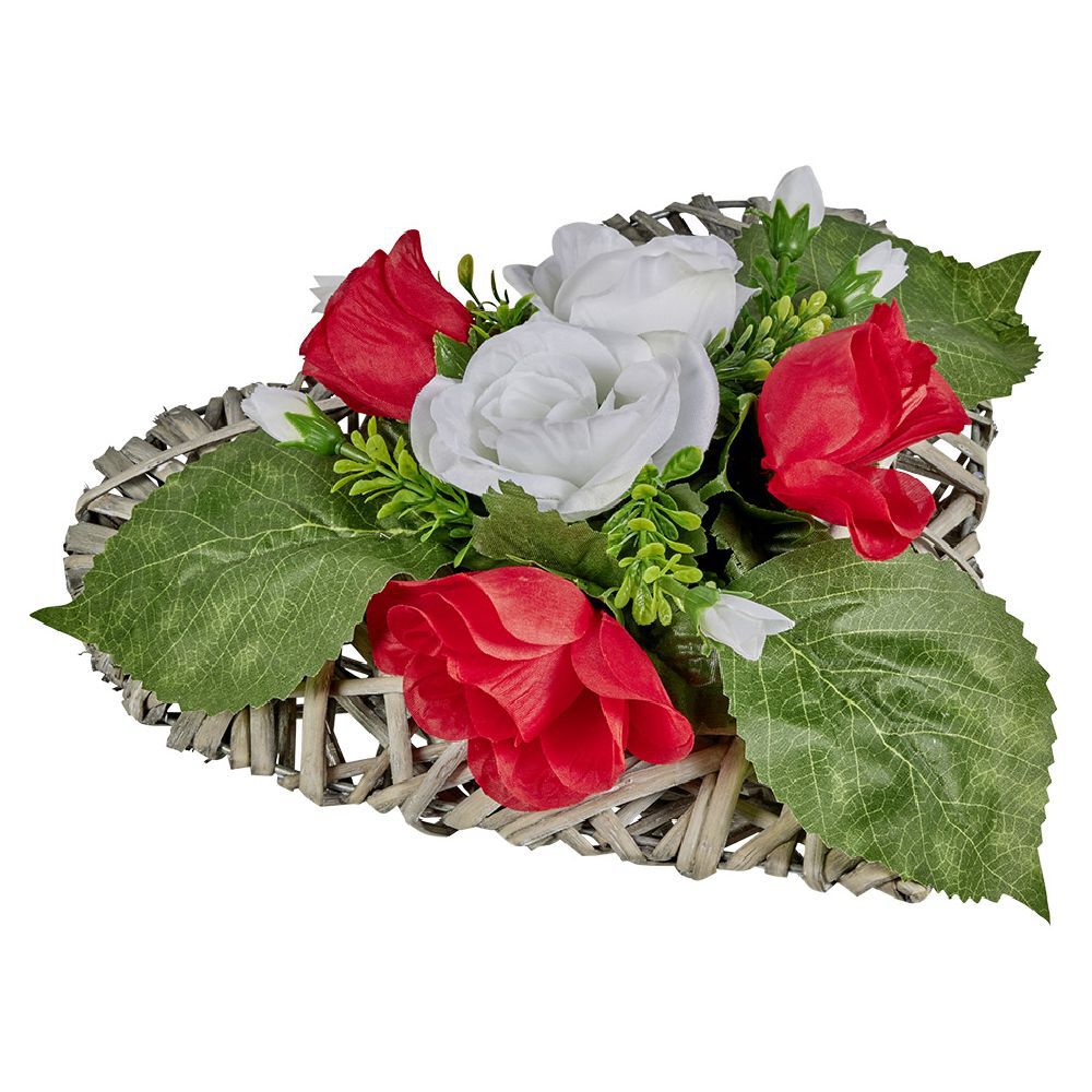 Coeur effet tressé fleur artificielle rose rouge et blanche 30x31xH16cm