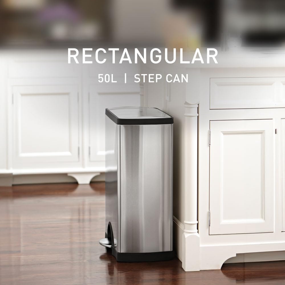 simplehuman 50 Liter / 13.0 Gallon Rectangular Kitchen Step Trash Can, Brushed Stainless Steel