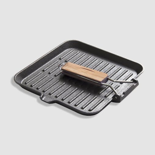 SOGA 2X 24cm Ribbed Cast Iron Square Steak Frying Grill Skillet Pan with Folding Wooden Handle