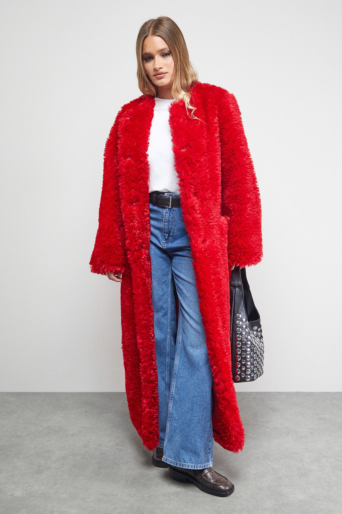 Warehouse Red Maxi Belted Fur Coat