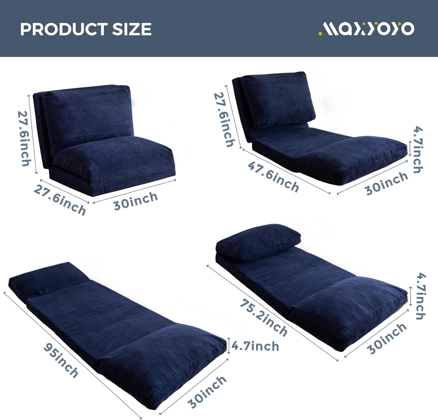 MAXYOYO Folding Sofa Bed, Floor Sofa Convertible Sleeper Chair with Washable Cover, Floor Couch Lounge Bean Bag Chair Bed for Living Room, Navy, 30x95 Inch