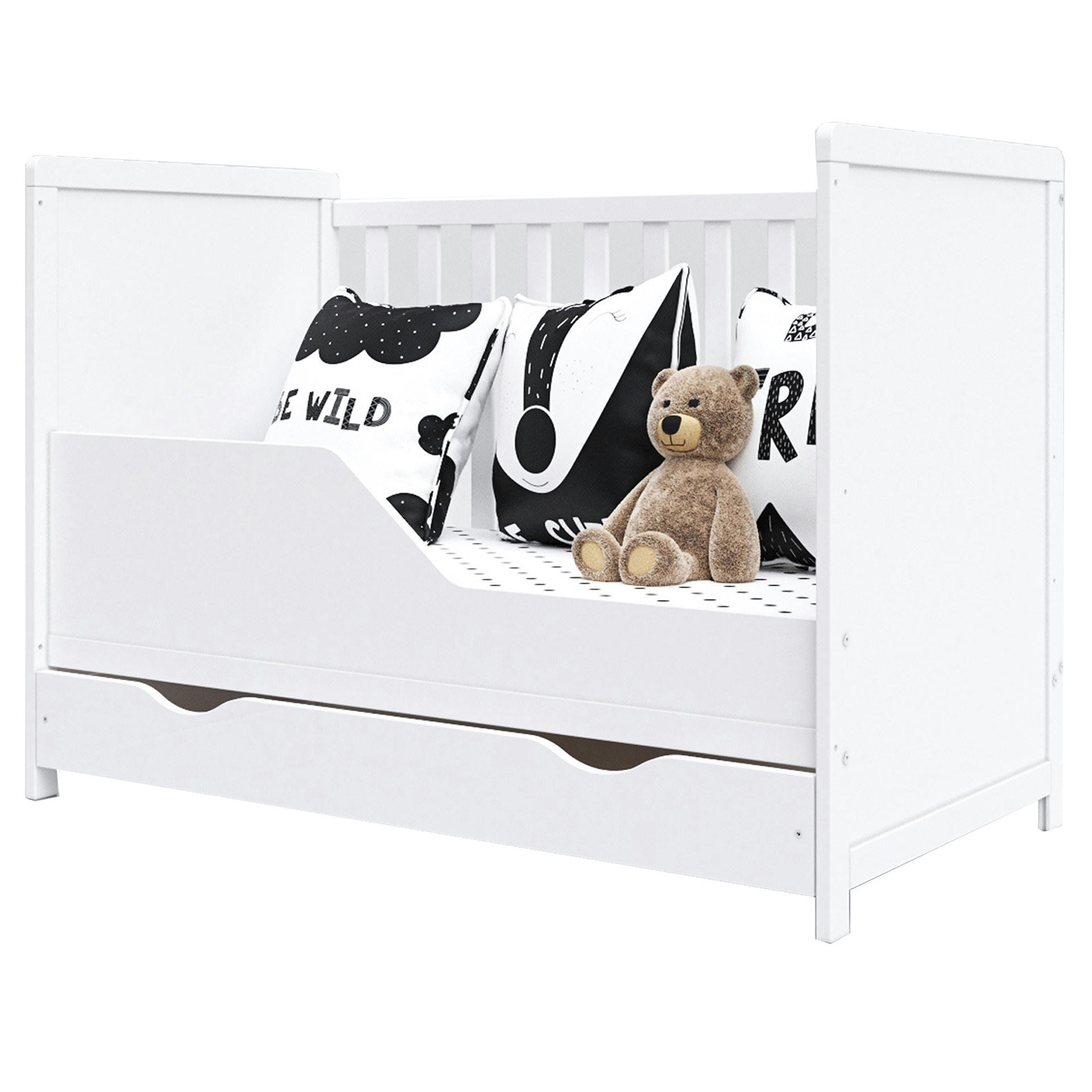 OLIVIA - Lit bébé évolutif en bois blanc avec tiroir - 120x60 cm