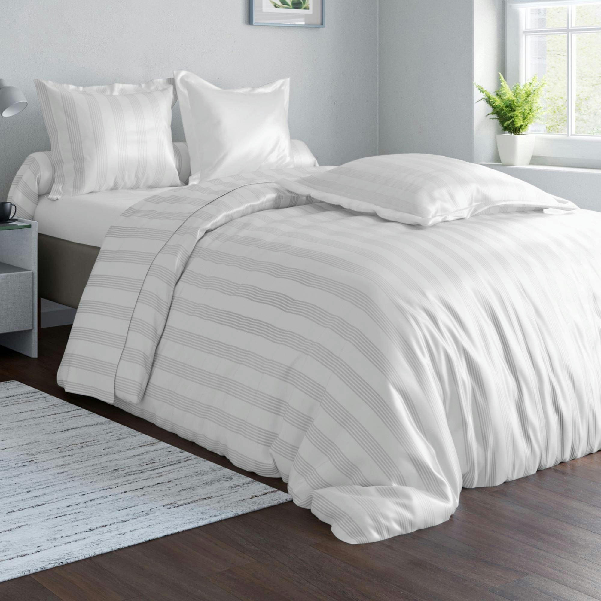 SATIN RAYE/UNI - Housse de couette 200x200 blanc en coton