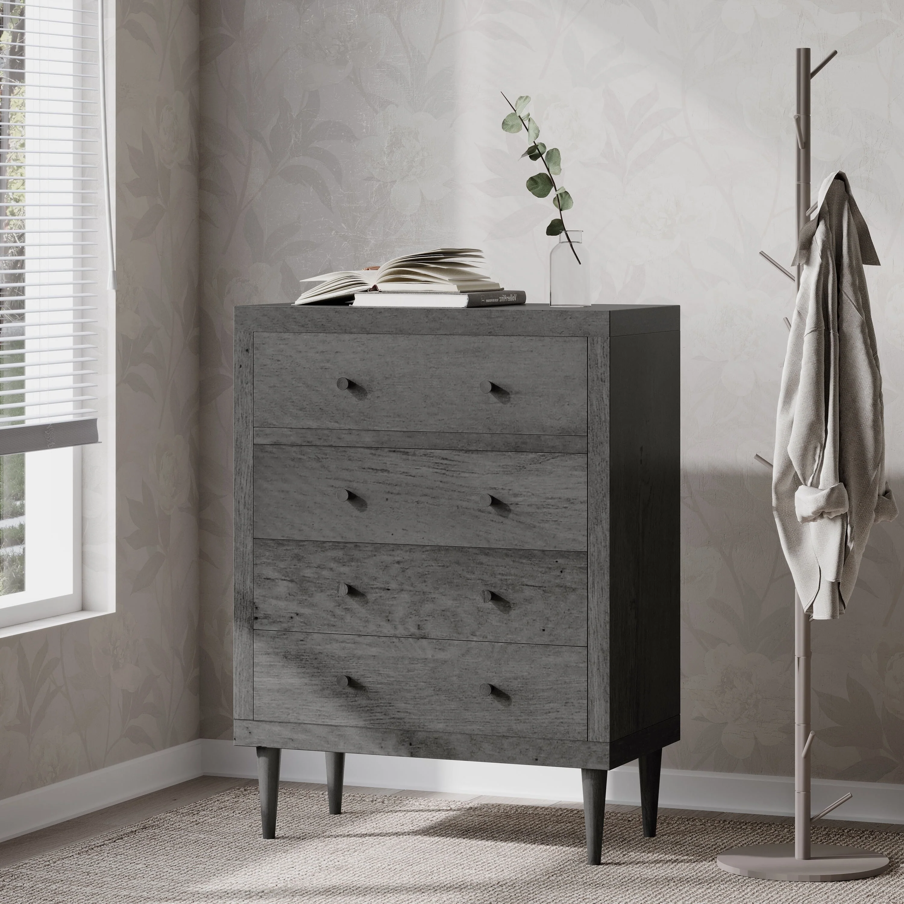 4-Drawer Vertical Chest with Metal Handle, Metal Frame and Wood Top for Bedroom