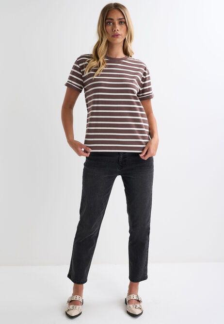 Womens Chocolate Brown Stripe Cotton T-Shirt