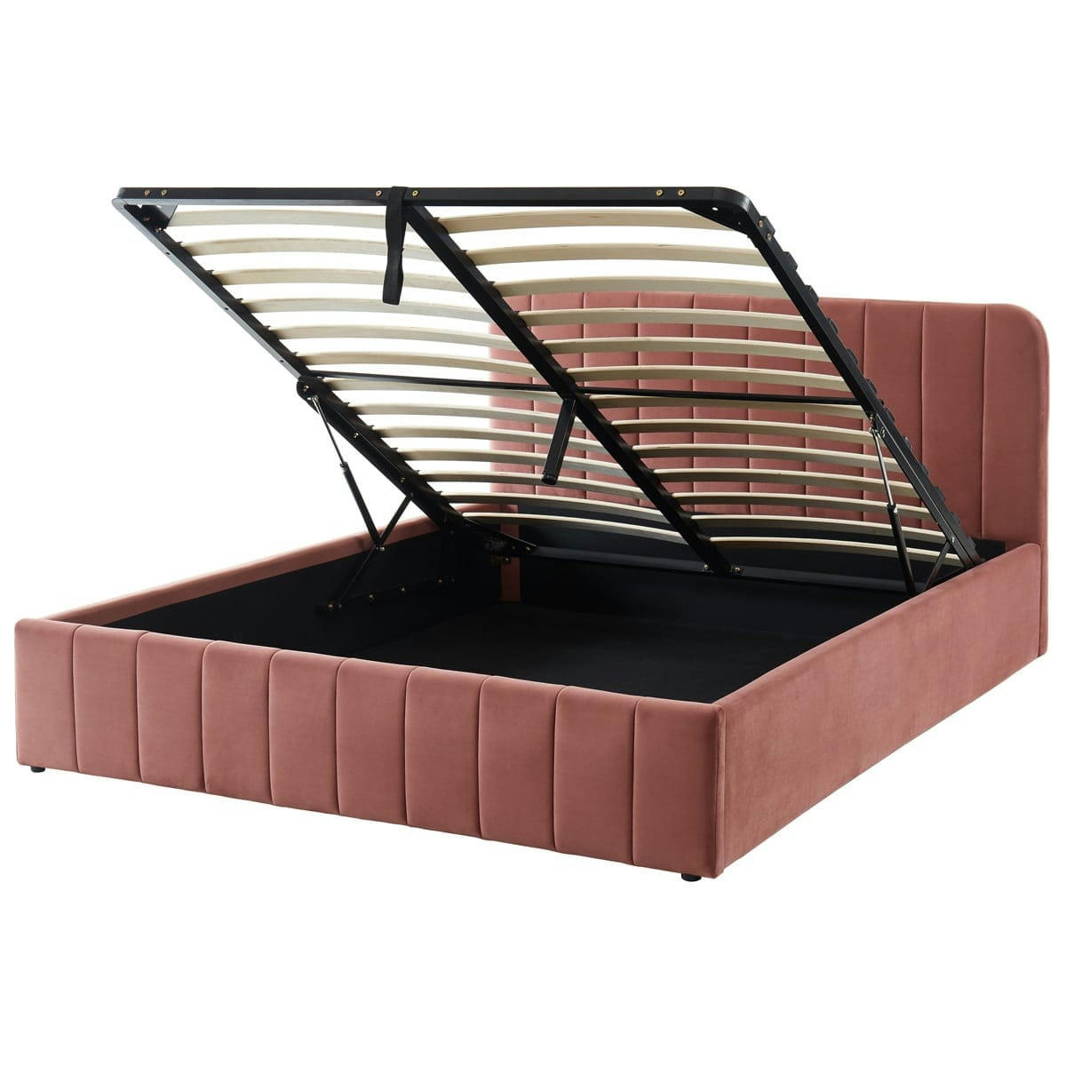 AVA - Lit coffre 160x200cm en velours rose + tête de lit + sommier à lattes