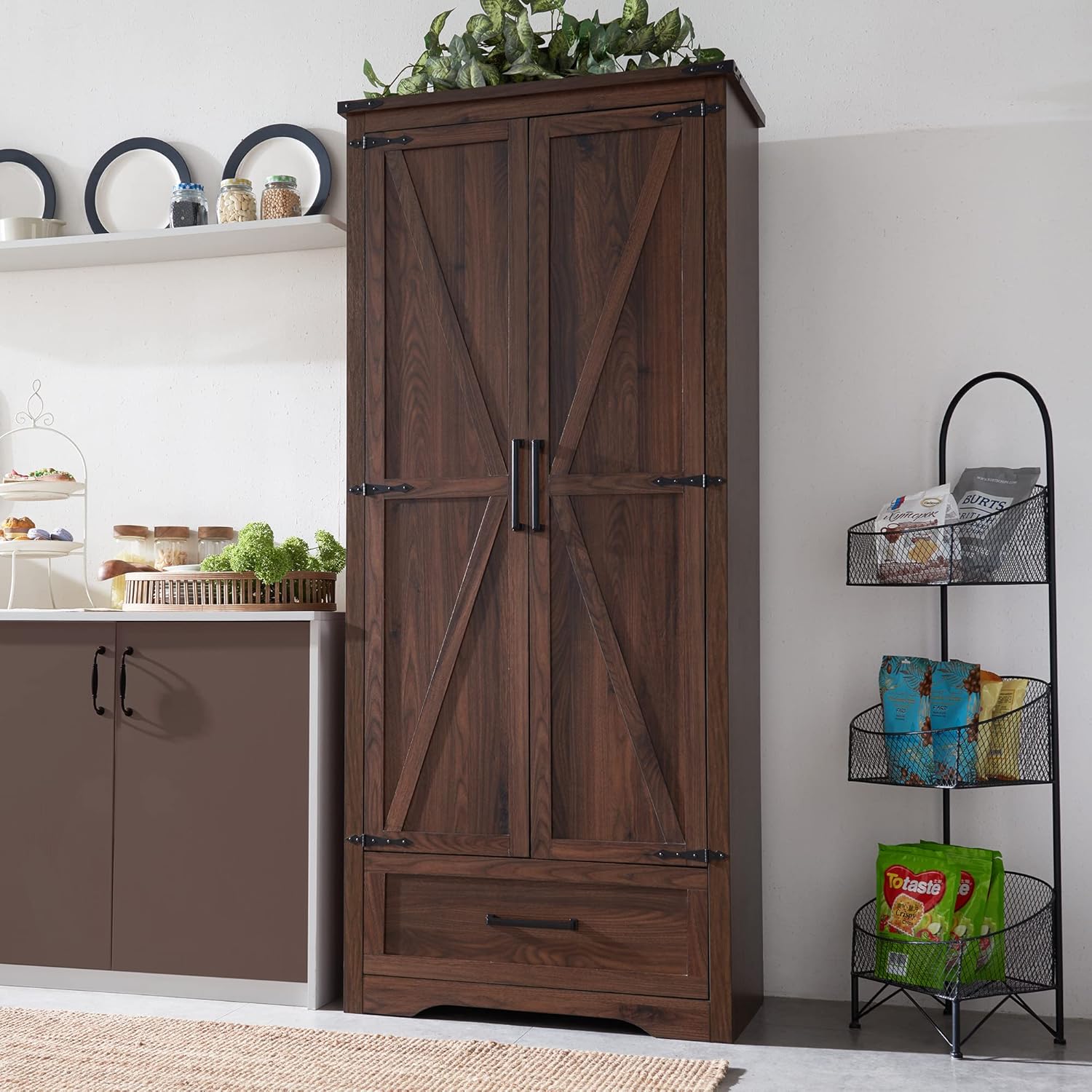 JXQTLINGMU Farmhouse Kitchen Pantry Cabinet - 72 Tall Wood Kitchen Storage Cabinets with Adjustable Shelves & 2 Barn Doors & Drawer, Versatile Storage for Dining Room, Bathroom, Rustic Brown
