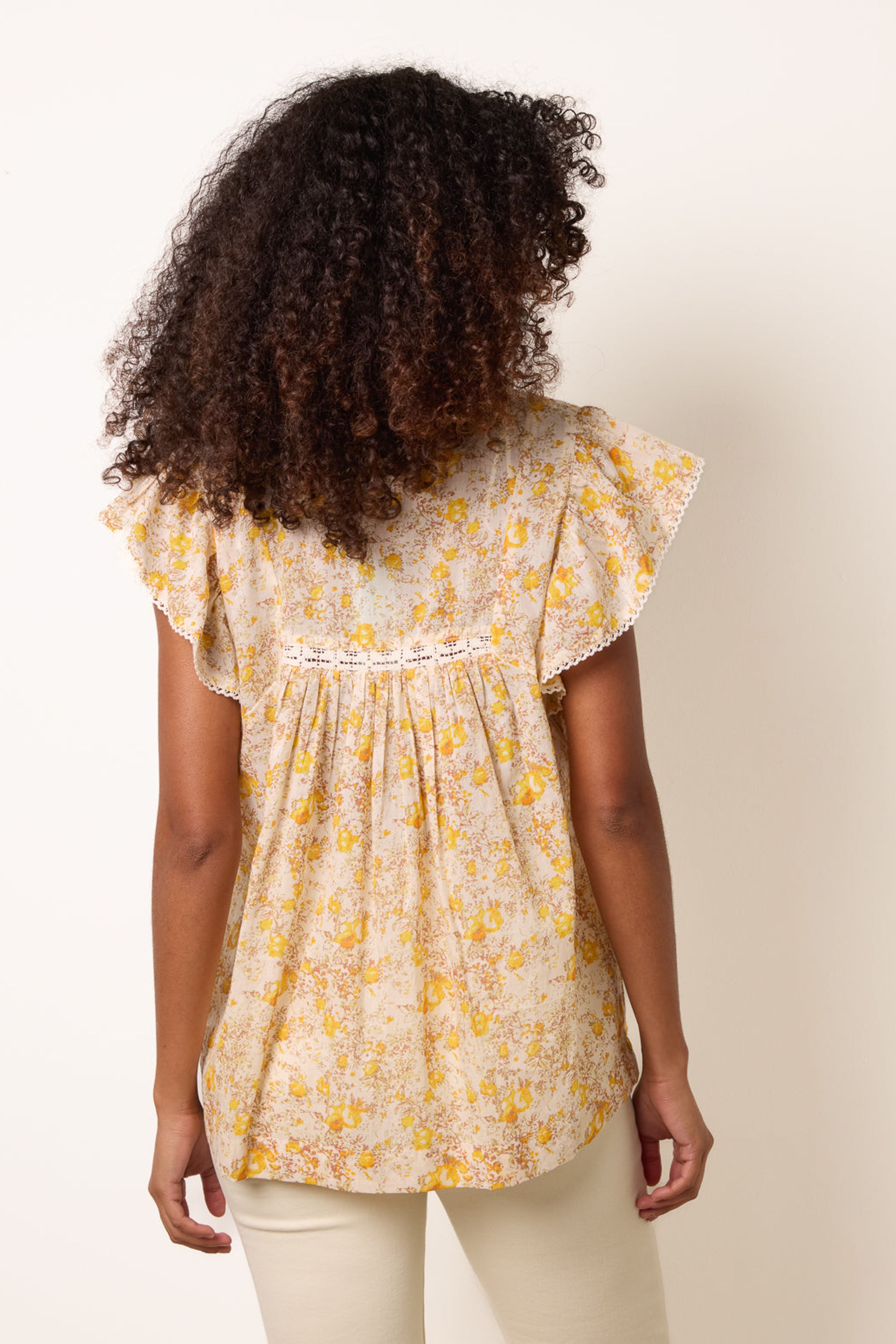 Blue Vanilla Yellow Ditsy Floral Cotton Ruffle Sleeve Top