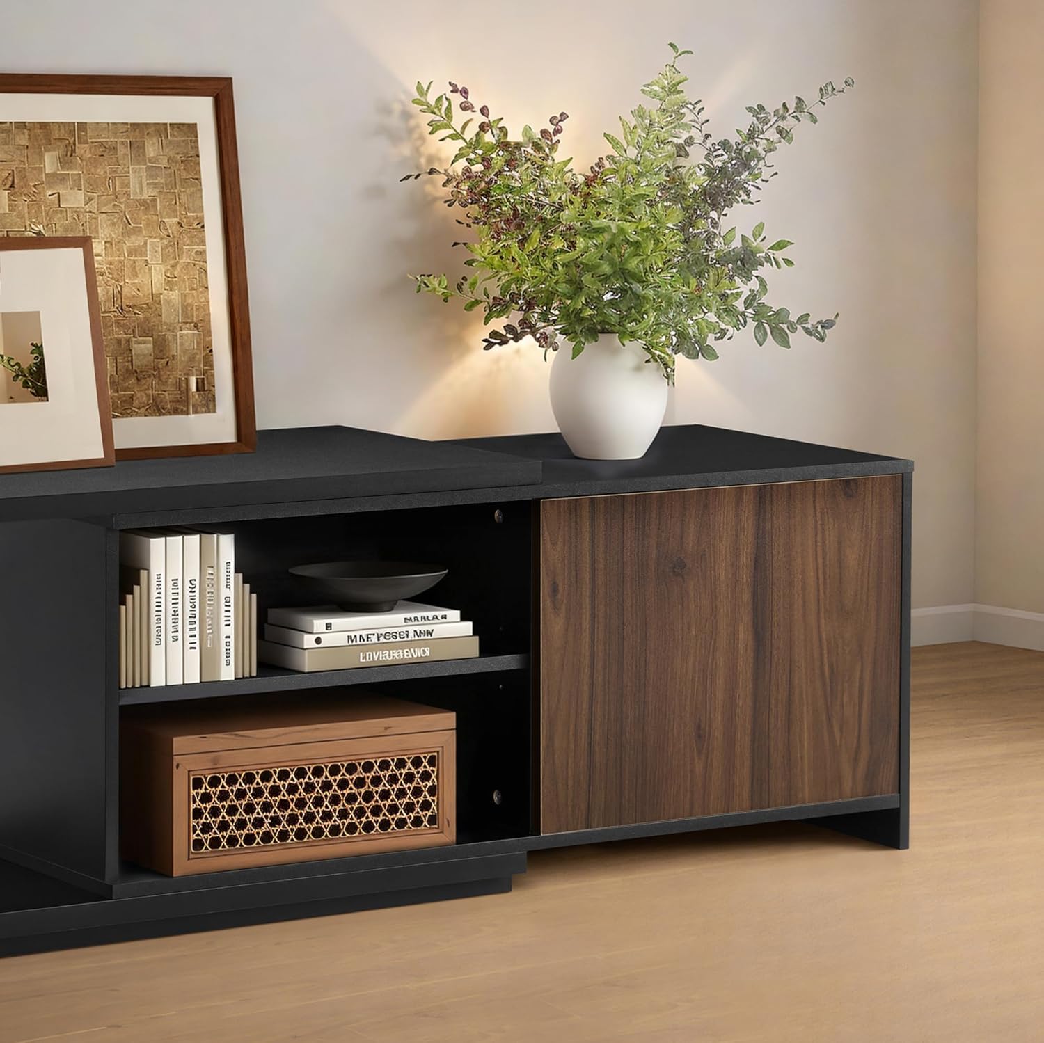 Extendable TV Stand for TVs up to 90,Modern Entertainment Center with Adjustable Shelf,Television Stand with 2 Storage Cabinets,Wooden TV Media Console for Living Room Bedroom Black