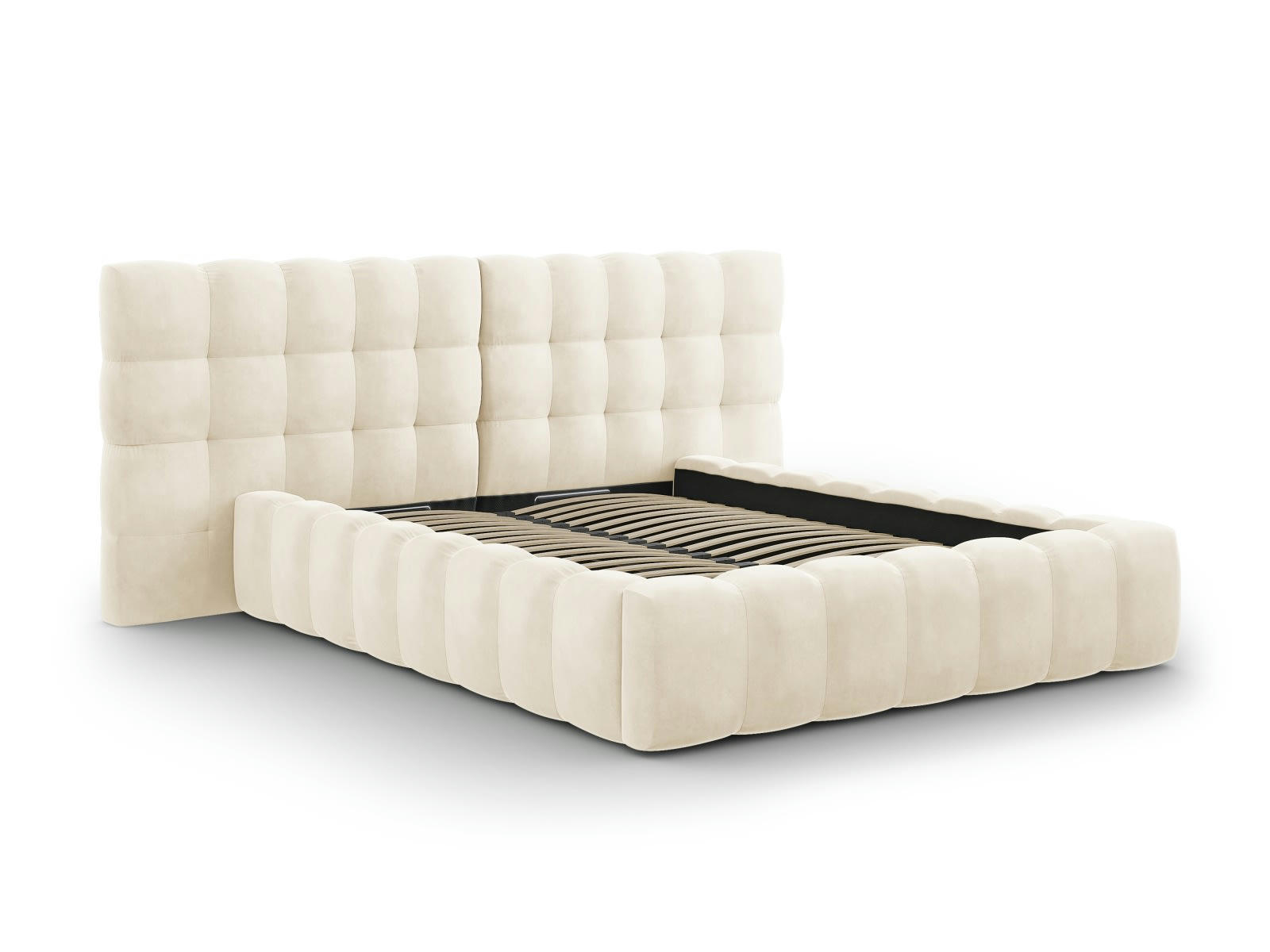 MAMAIA - Lit coffre en avec tête de lit double 140x200cm velours beige clair