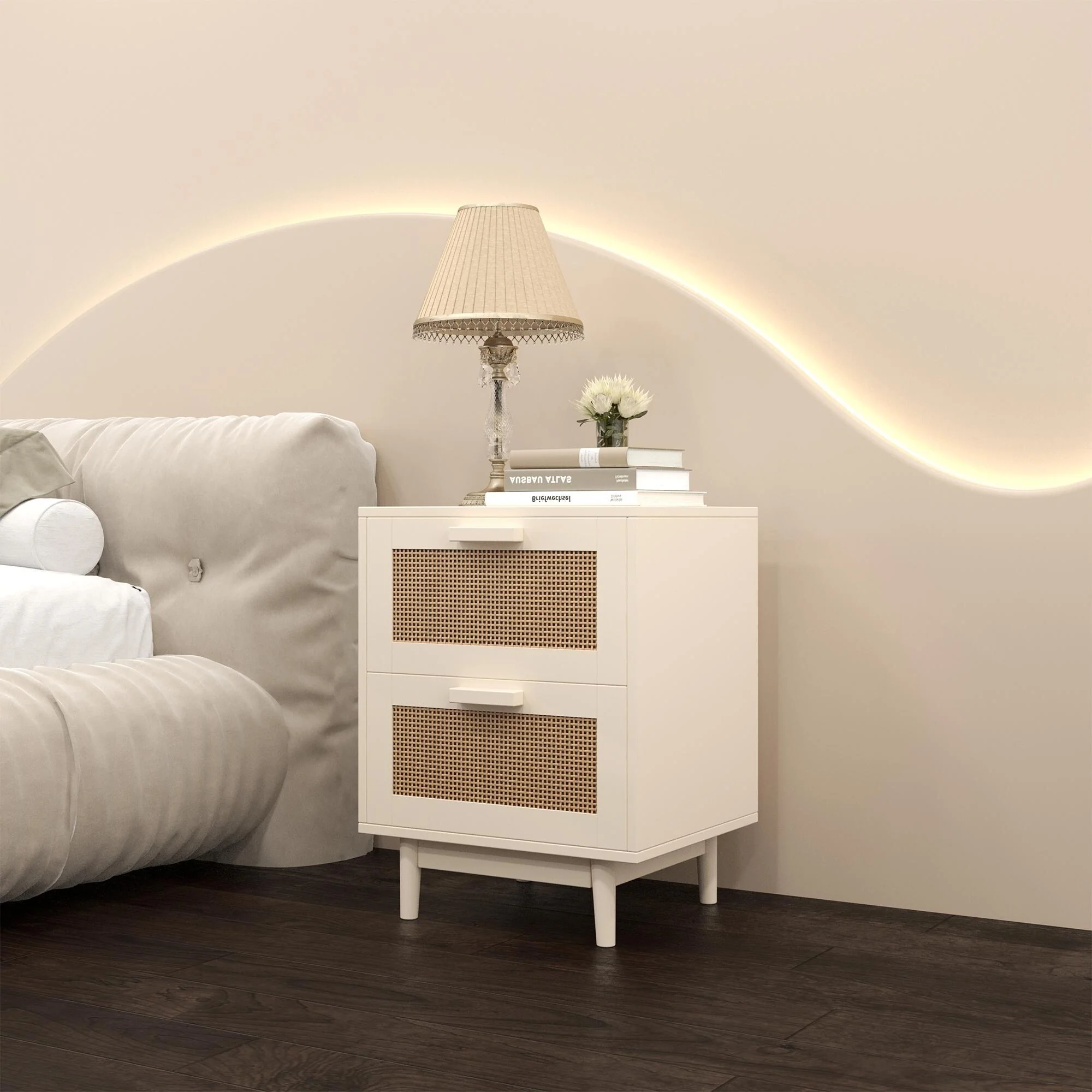 Wood Nightstand with 2 Faux Rattan Decorated Drawers End Table with Storage and Metal Handle Accent Table