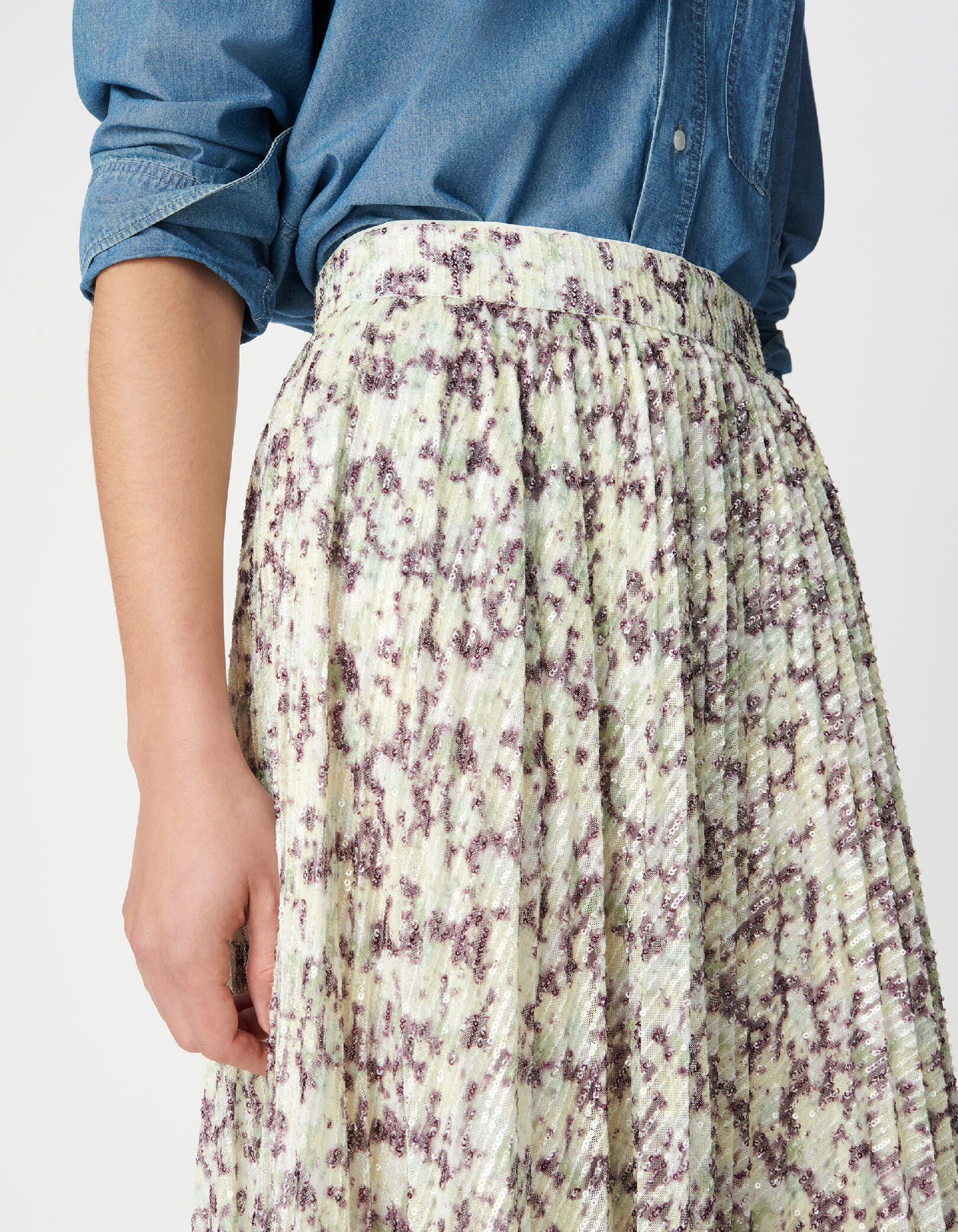 Jupe plissée verte camouflage broderies sequins Femme