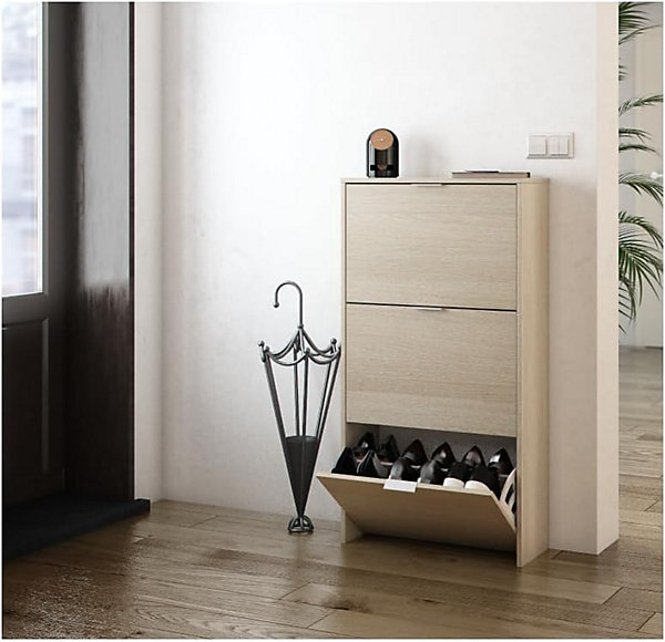 Commode à chaussures en bois de 3 portes coloris chêne -113 x 60 x 22 cm