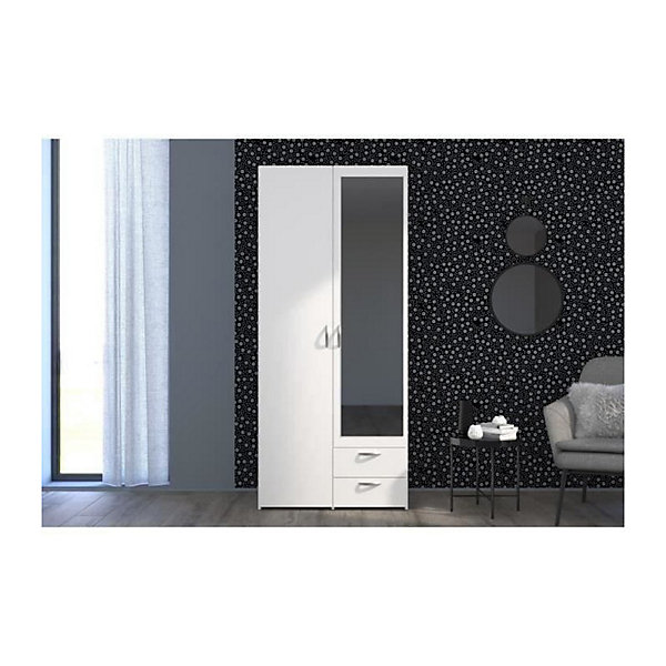 Armoire VARIA - Décor blanc - 2 portes battantes   1 miroir   2 tiroirs - L 81 x H 185 x P 51 cm - PARISOT