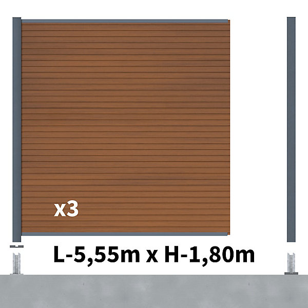 Kit Clôture Composite SANTOS Teck 5,5x1,8m - Bois composite &Aluminium - Poteaux sur Platines Gris - Brise vue - Palissade
