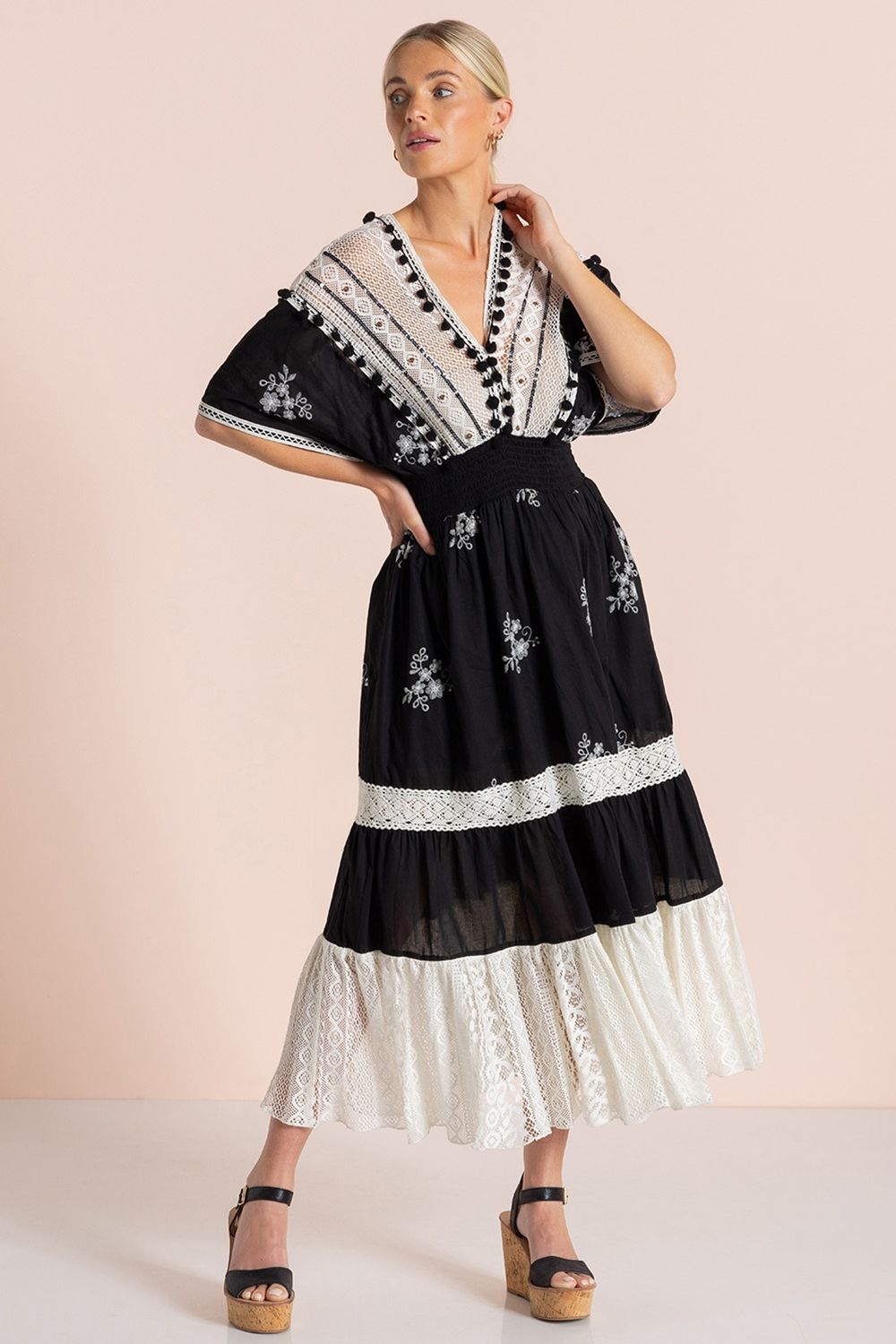 Klass. Embroidery And Lace Cotton Maxi Dress