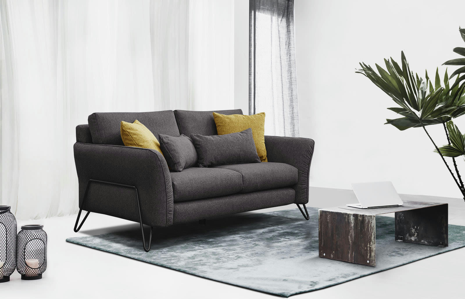 LOREM - Canapé droit 2 places tissu gris foncé