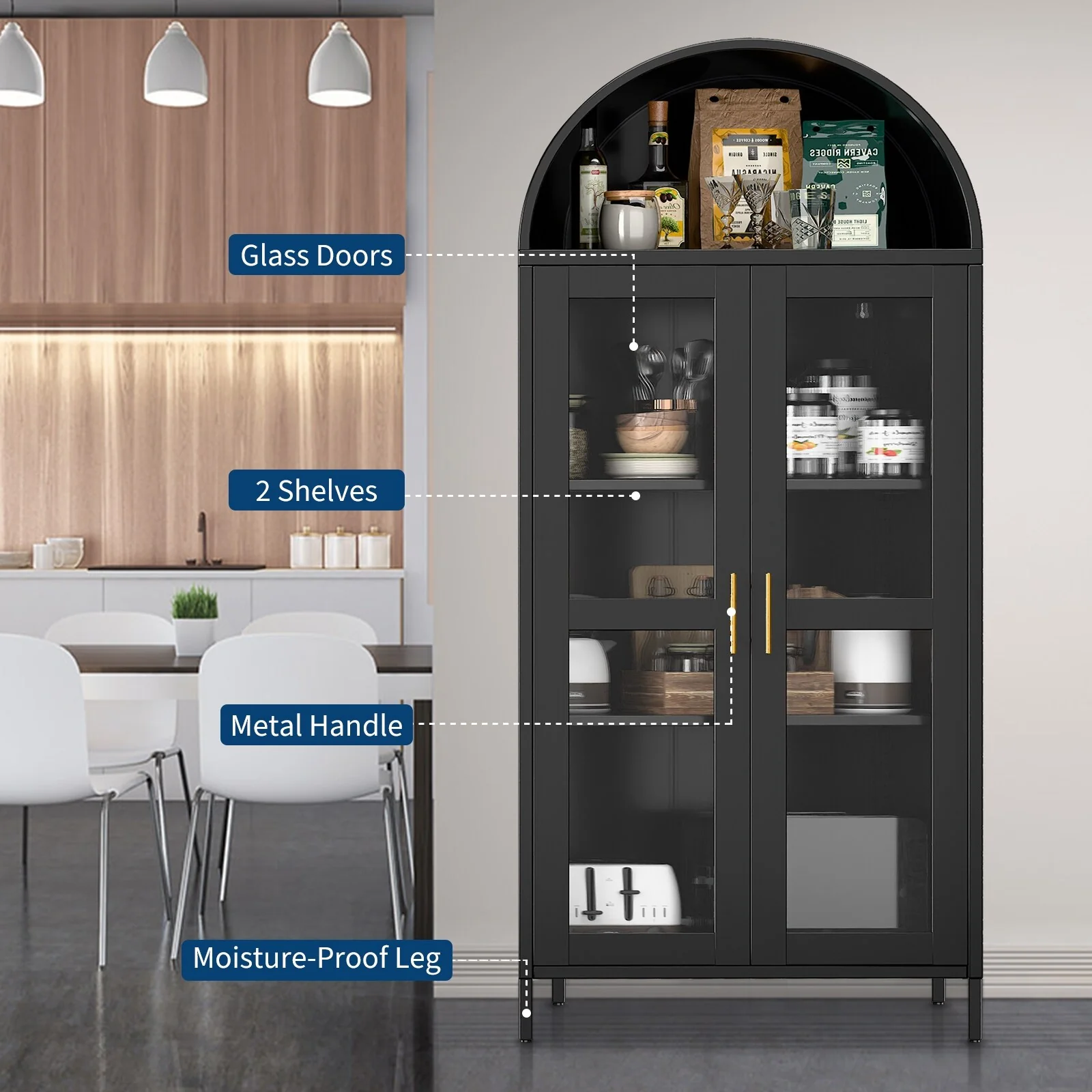 73 in Tall Metal Arched Cabinet, Modern Arch Kitchen Pantry Storage Cabinet with Glass Doors and 2 Adjustable Shelves