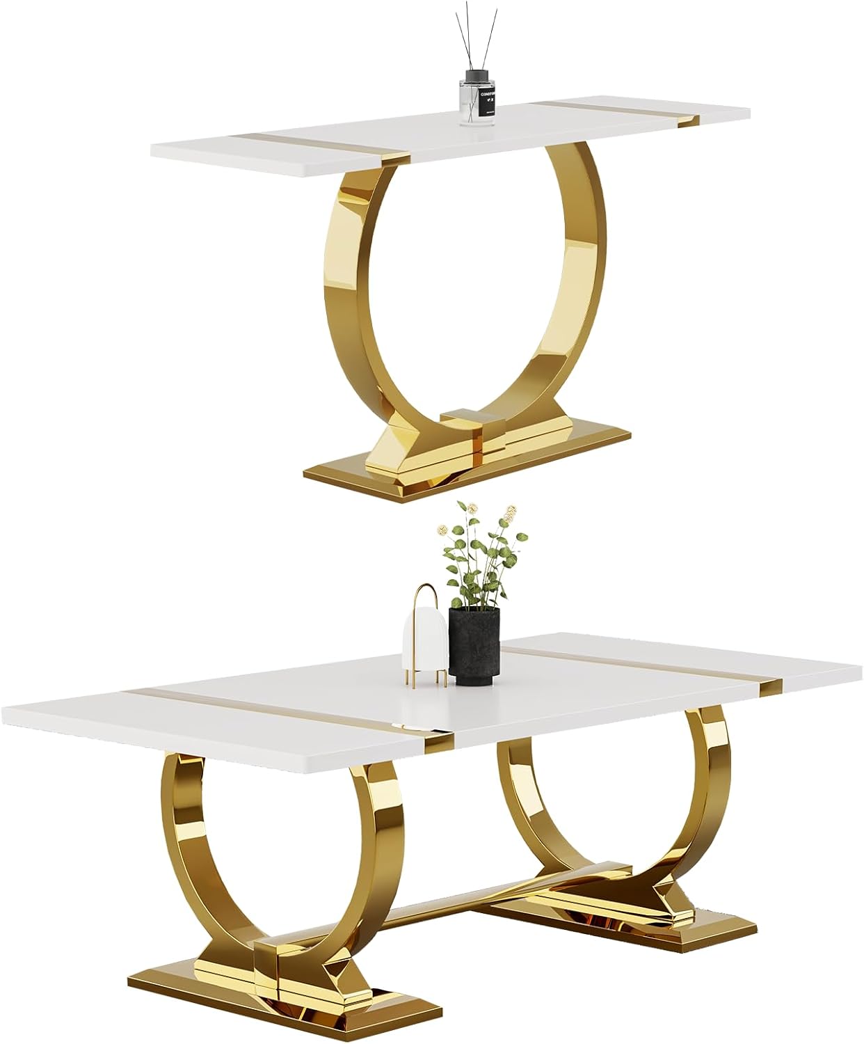 Asday 2 Pieces Modern Living Room Table Set, Wood Coffee Table and Console Table with U-Shape Golden Metal Frame, White and Gold
