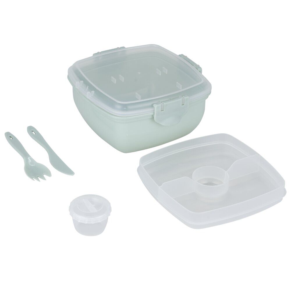 Lunch box plastique 900ml avec couverts et pot à sauce 17x17xH8,5cm (2 modèles)