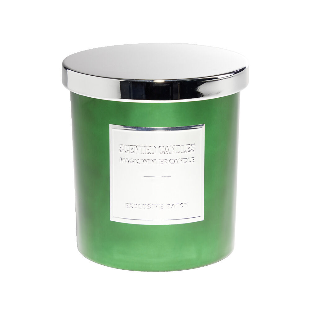 Bougie avec couvercle pot métallisé gris et vert senteur sapin 25H