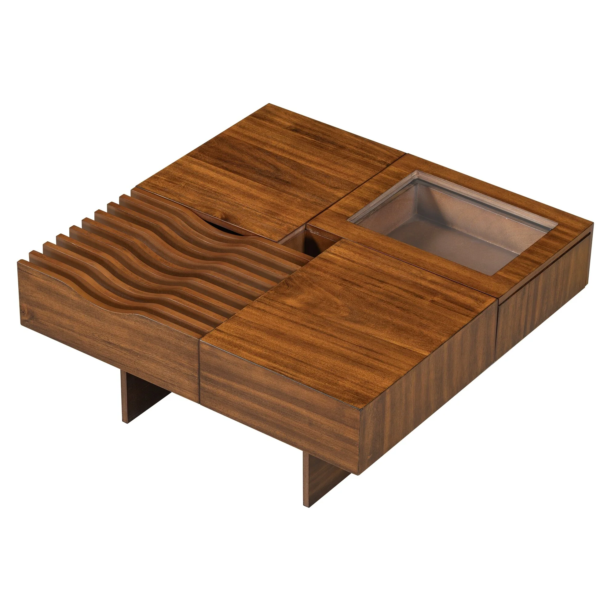 33'' Mid-Century Modern Coffee Table with 3 Drawers, Tempered Glass & Solid Wood Legs for Living Room - 33 D x 33 W x 14.1 H