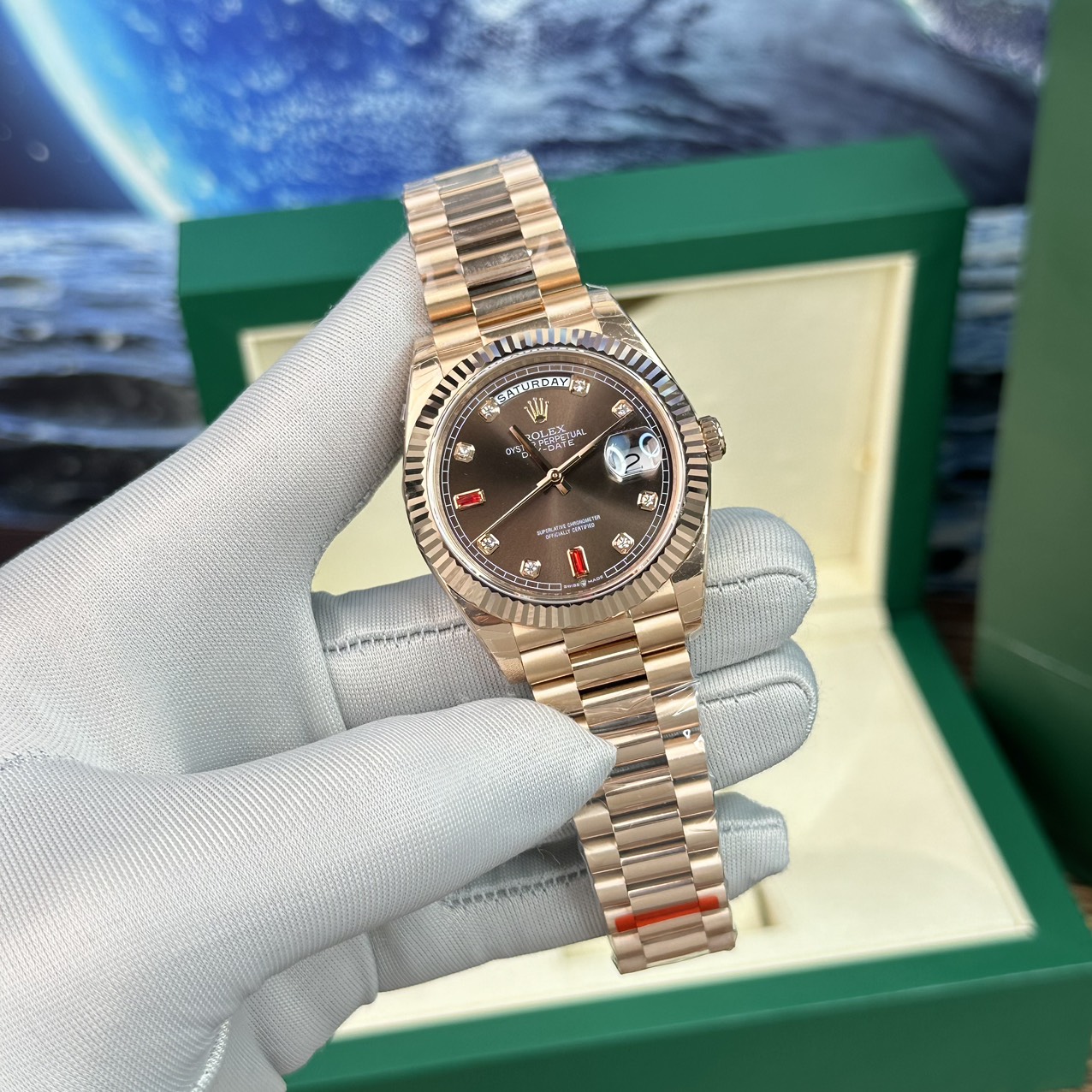 Rolex Day-Date RG Plated Chocolate Dial CZ Diamonds 40mm EWF Replica