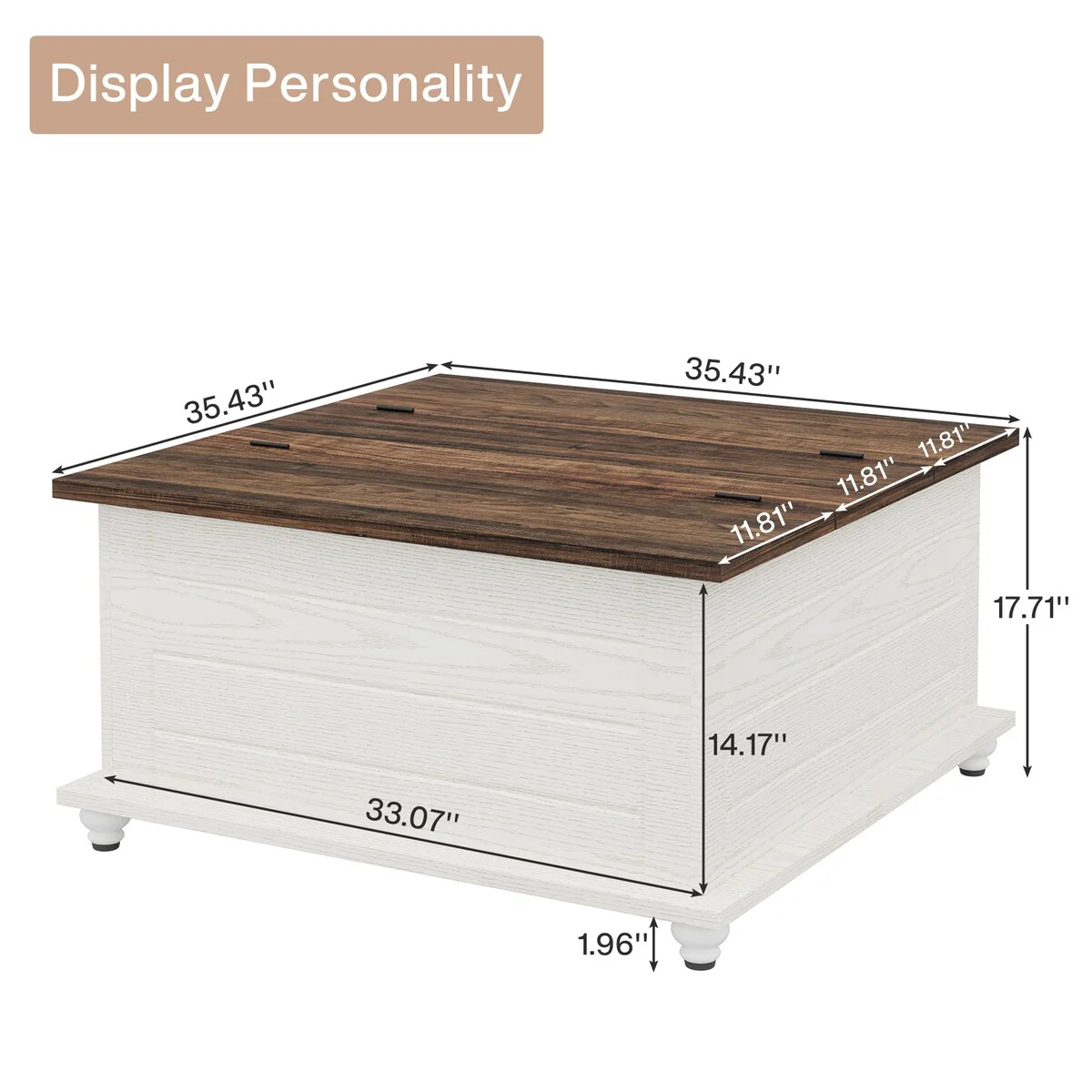 Farmhouse Coffee Table with Large Hidden Space, Wood Square Center Table for Living Room, Brown & Warm White - 34.5