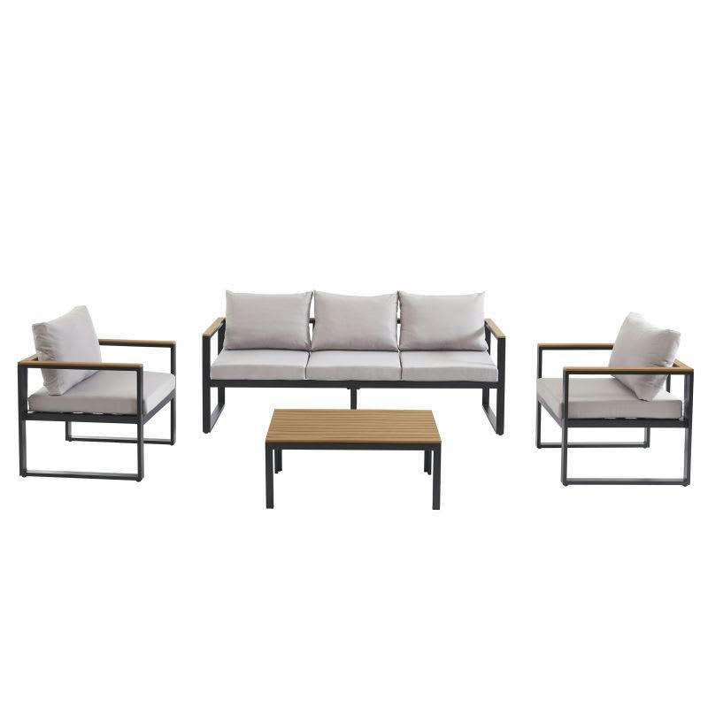 ELONA - Salon de jardin 5 places en aluminium coloris gris clair avec housse