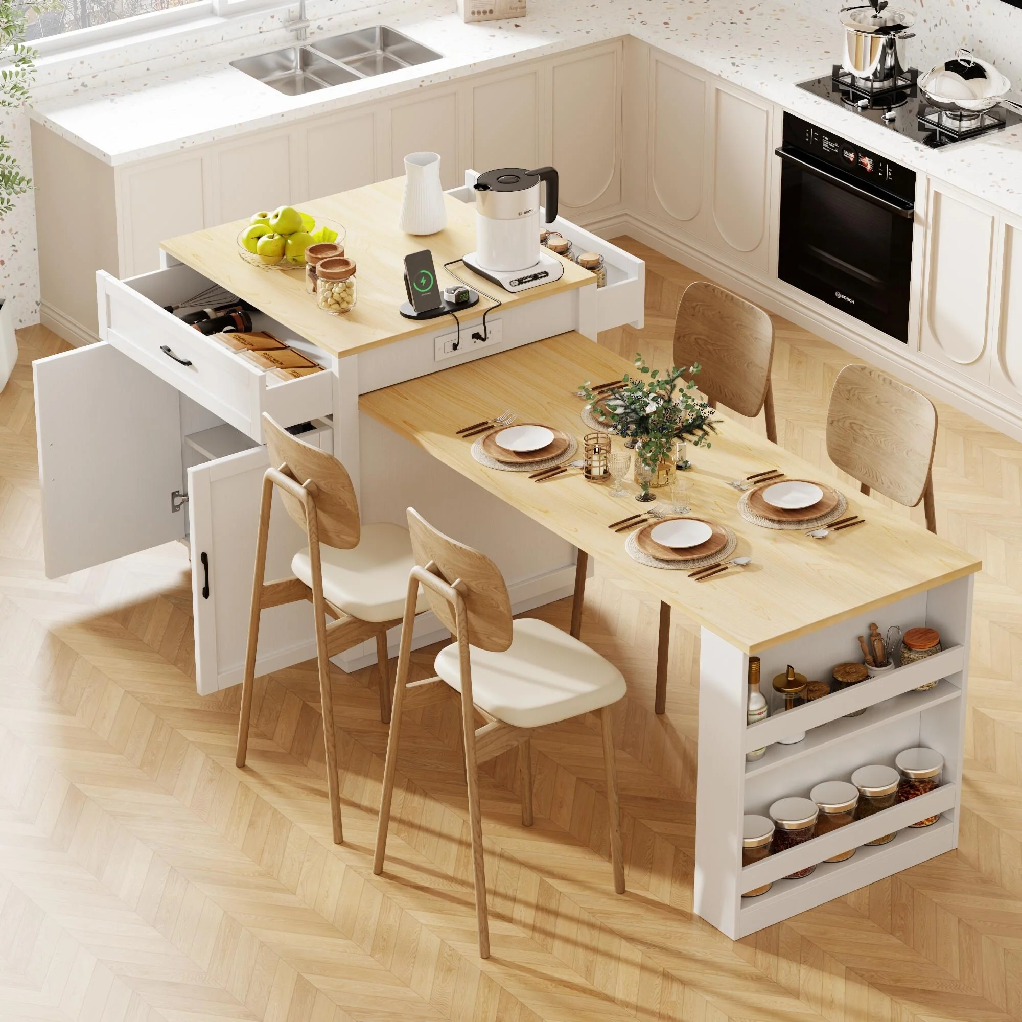 Rolling Kitchen Island with Extendable Dining Table for 4-6 Person,Two-Tone Table with Double-sized Storage, Power Outlet