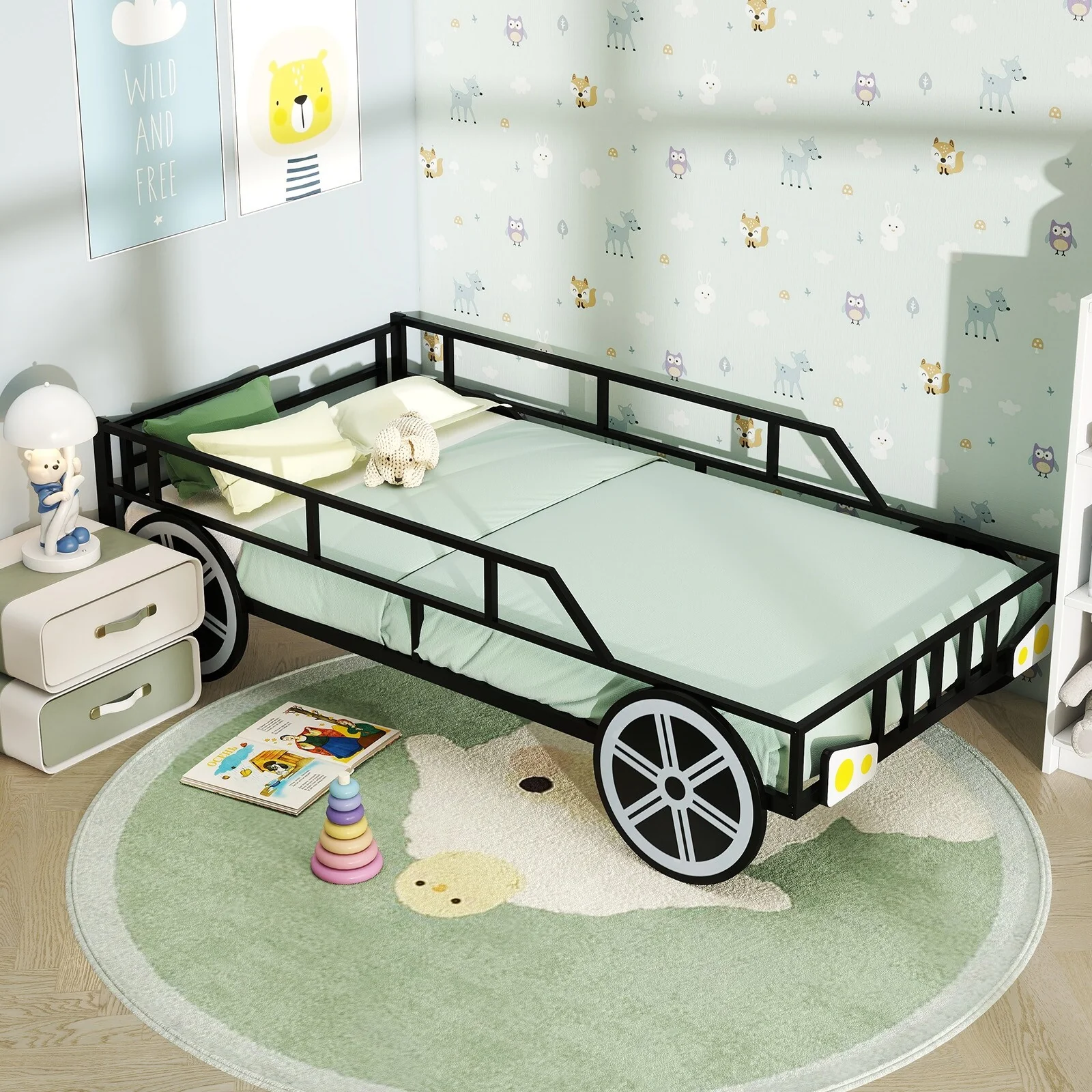 Black Metal Twin Car Bed Frame with Guardrails and Underbed Storage Space