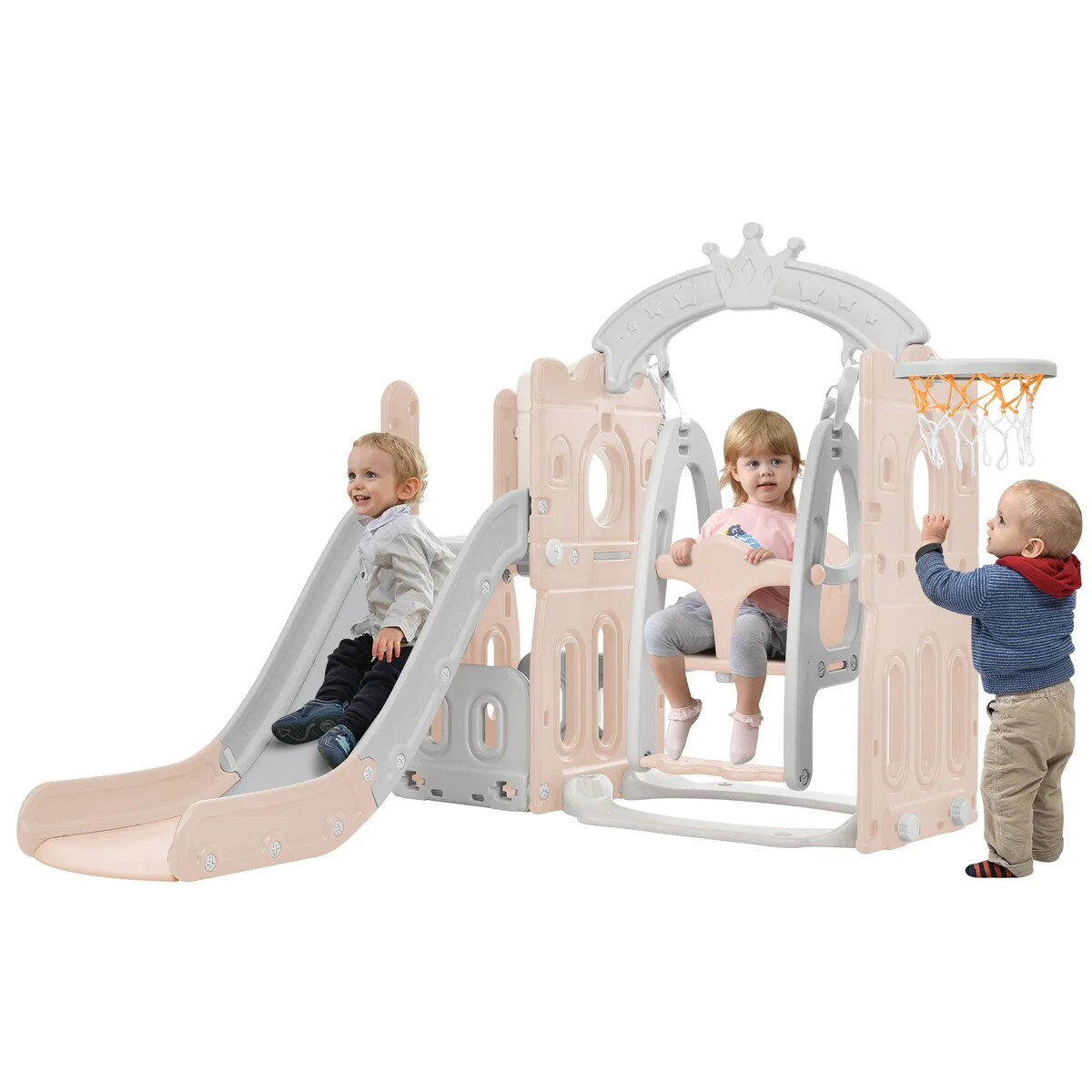 Toddler Slide,Swing Set 5 in 1,Kids Playground Climber Slide Playset with Basketball Hoop Freestanding Combination for Babies