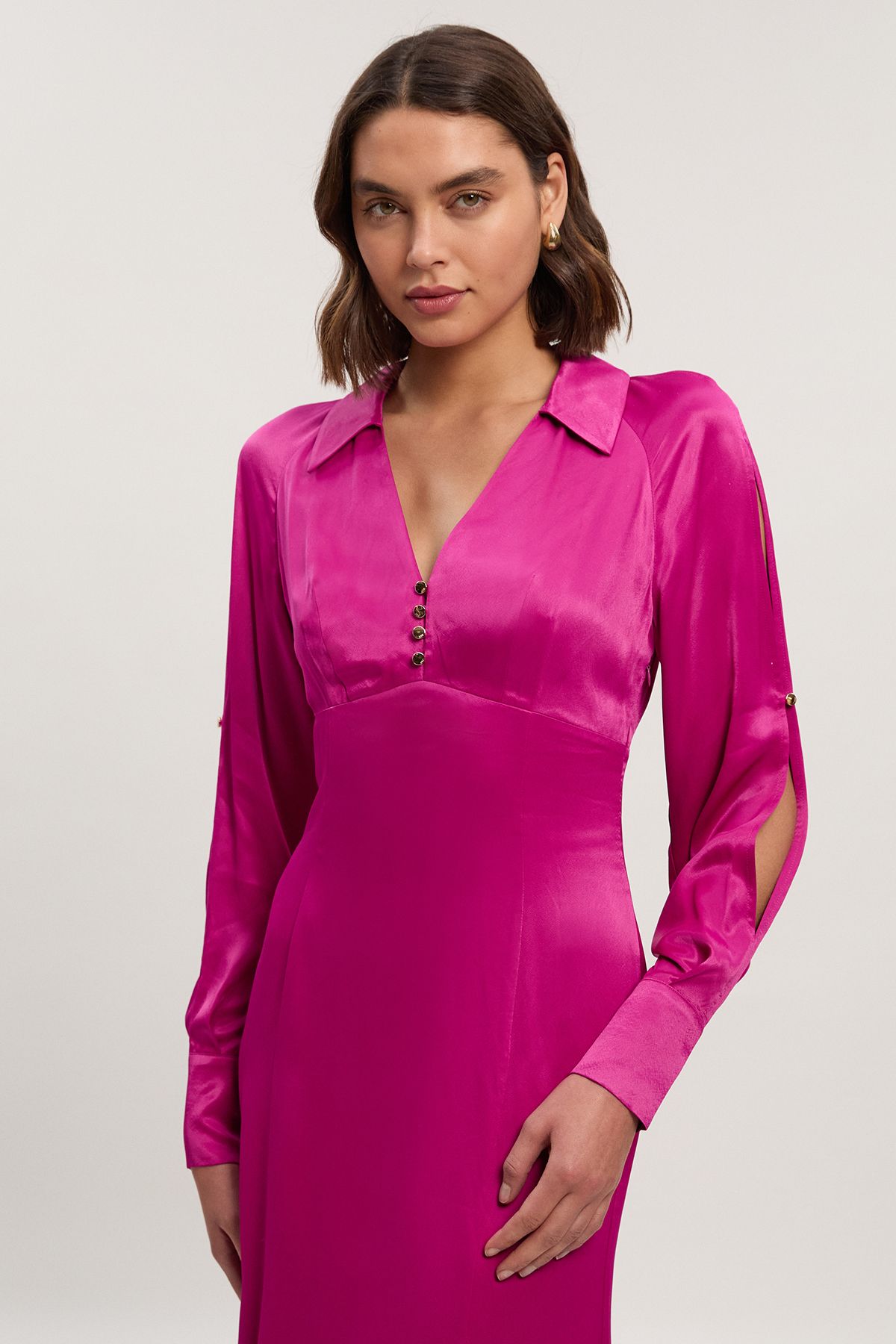 KarenMillen Viscose Satin V Neck Long Sleeve Woven Midi Dress