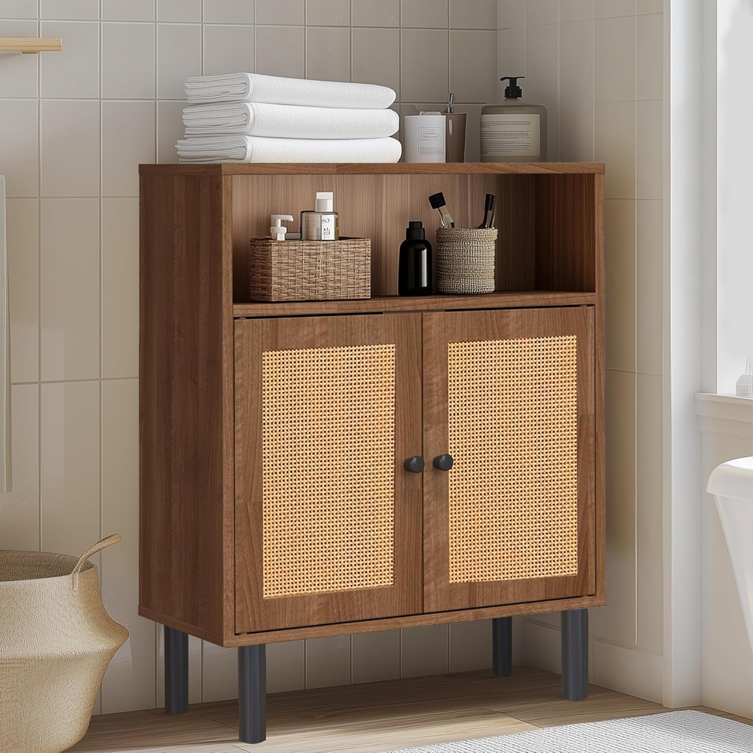 Rattan Storage Cabinet, Boho Accent Cabinet with Double Doors, Small Freestanding Sideboard for Hallway, Laundry Room,Kitchen, Dining Room, Entryway (Walnut)