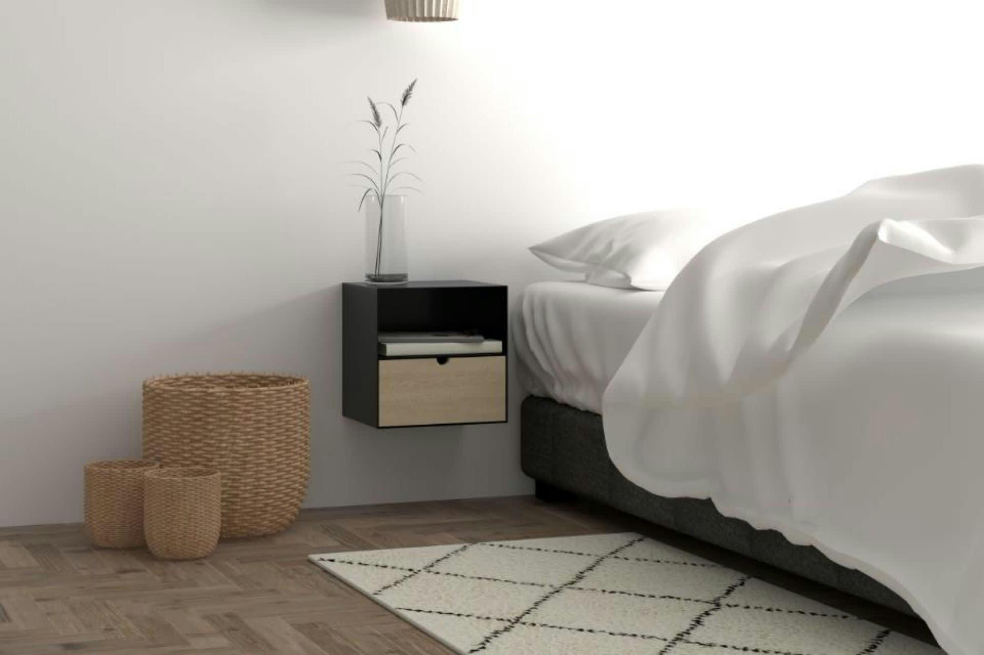 JANIE - Chevet suspendu cube en métal et bambou 1 tiroir 1 niche