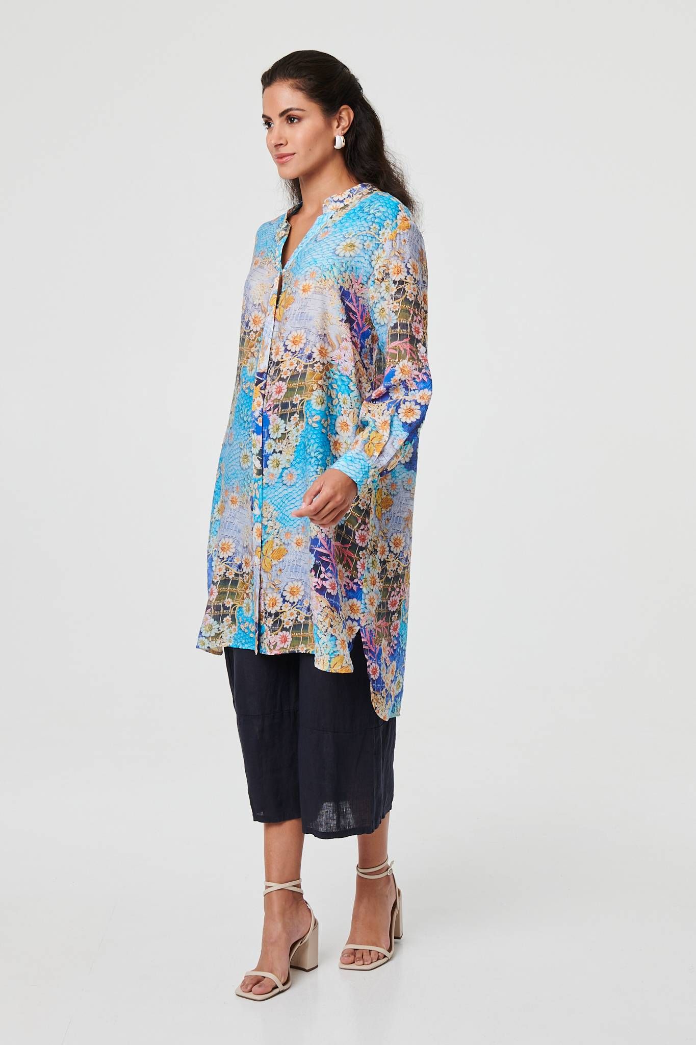 Izabel London Floral Long Sleeve Longline Tunic Shirt