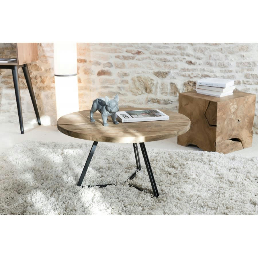 ALIDA - Table basse ronde en teck recyclé et pieds métal noir D75