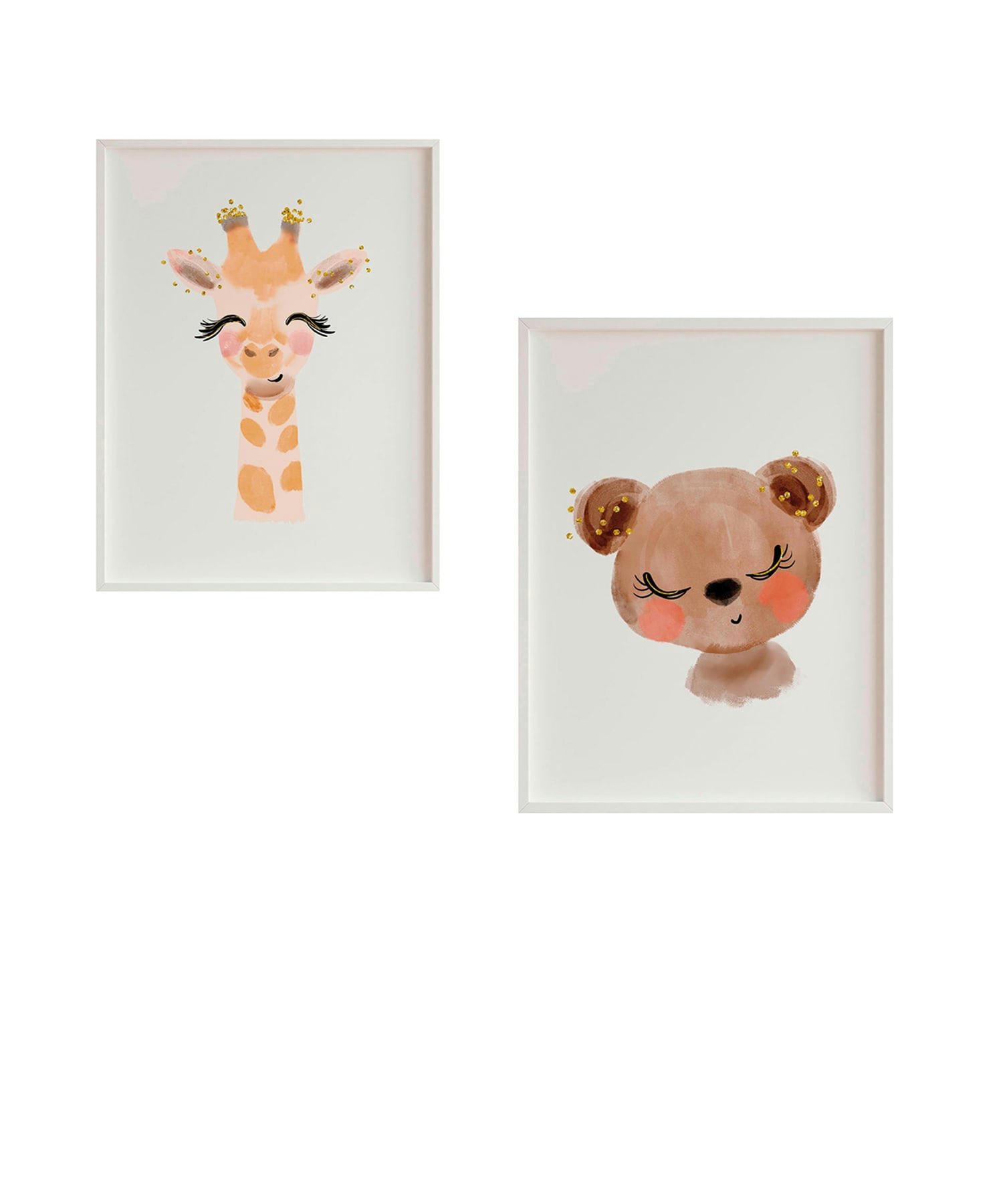 DECOWALL - Pack encadré bois blanc impression le girafe et l'ours 43X33 cm