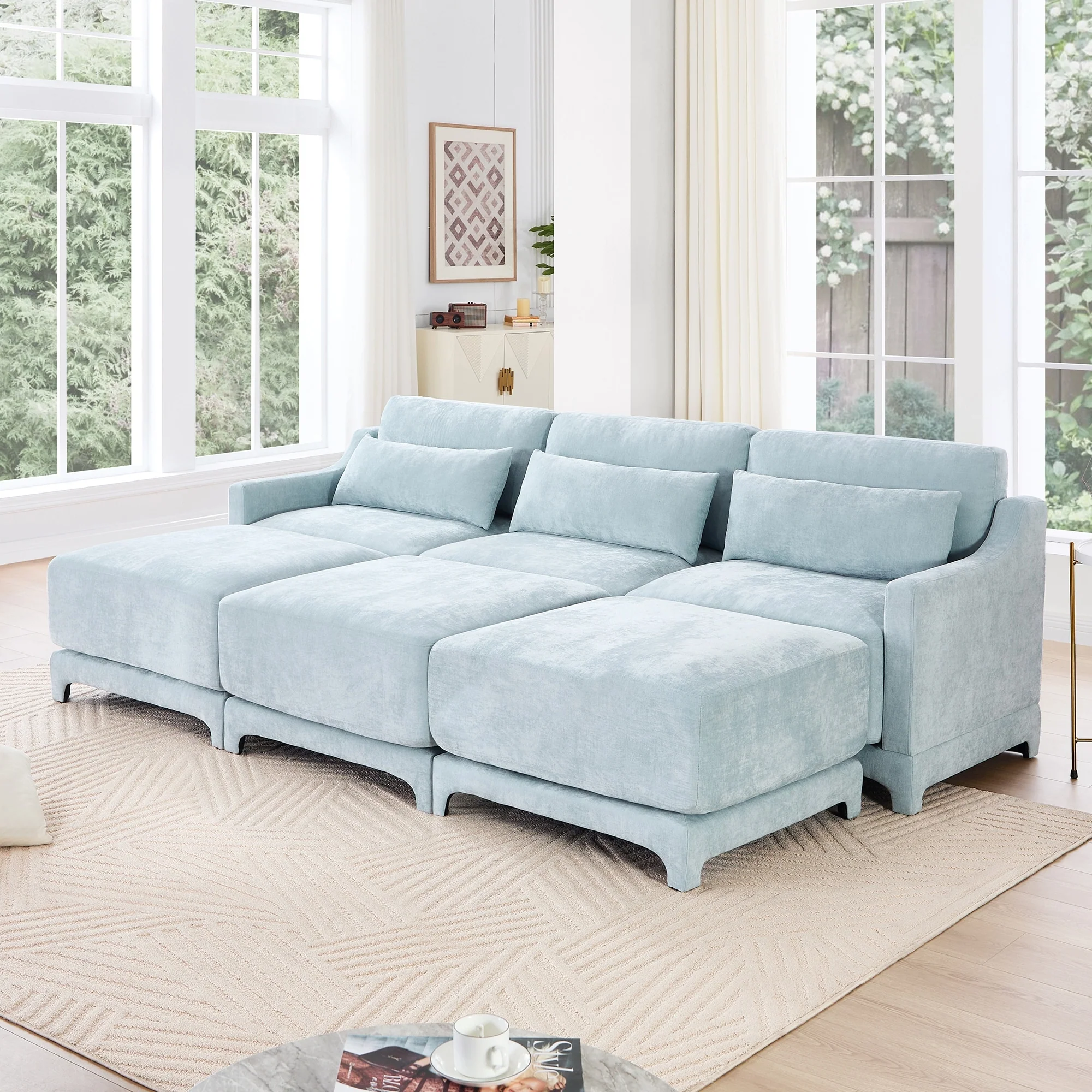 GDFStudio- Aurelius Chenille Three-Seater Sofa and Triple Ottoman